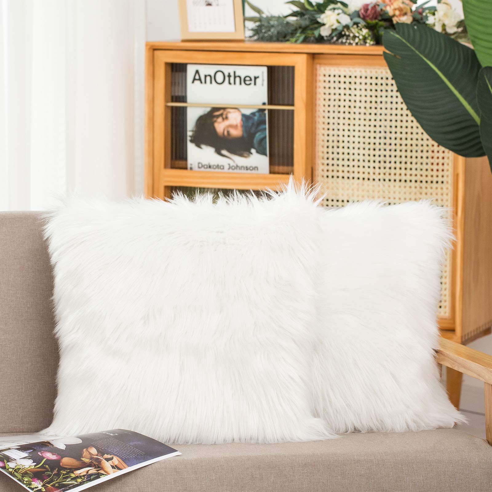 Hyseas Set Of 2 Decorative Faux Fur Throw Pillow Covers, White Fluffy Soft Fuzzy Square Cushion Cover Pillow Case For Sofa, Couc