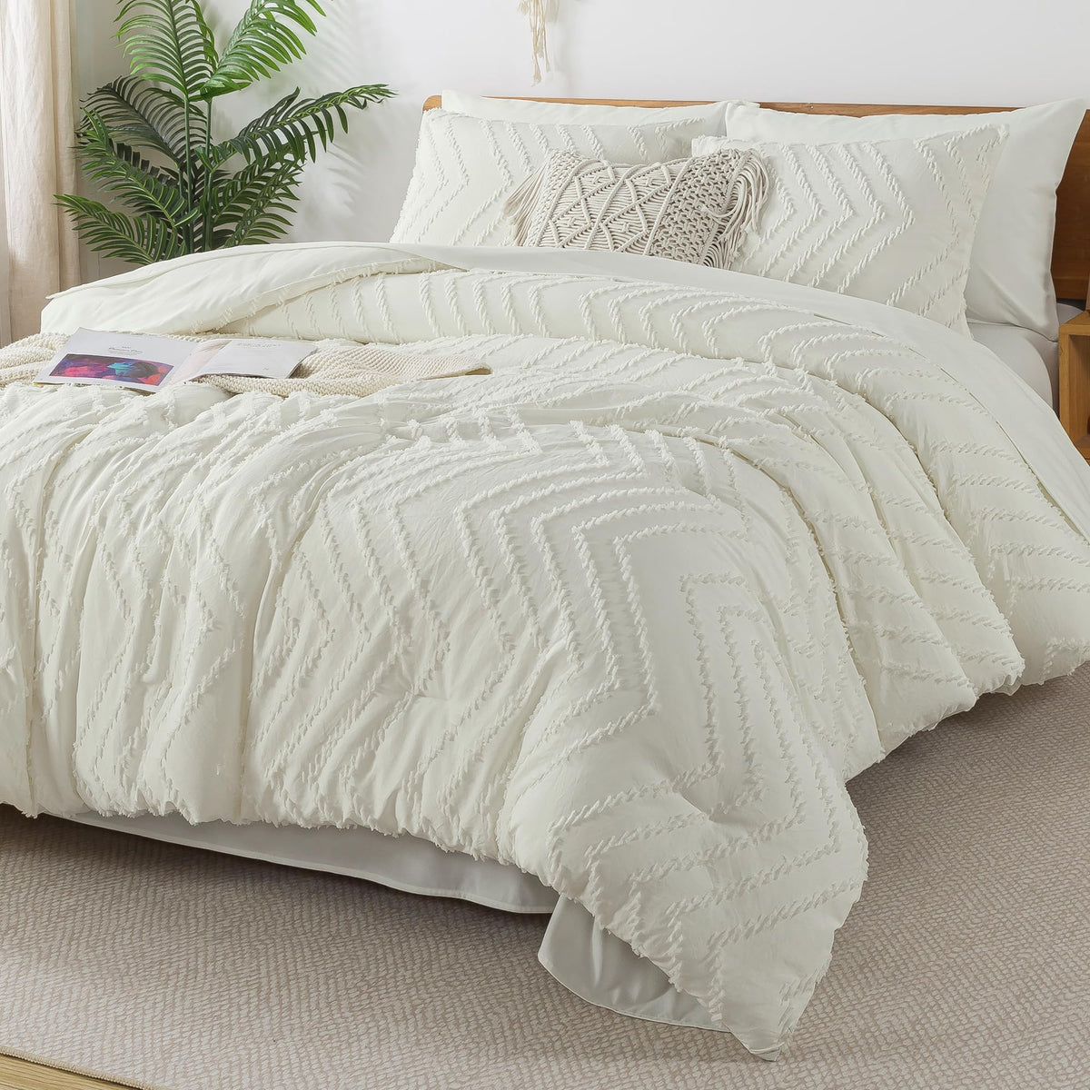 Litanika Ivory California King Size Comforter Set With Sheets - 7 Pieces Bed In A Bag California King Boho Tufted Complete Beddd