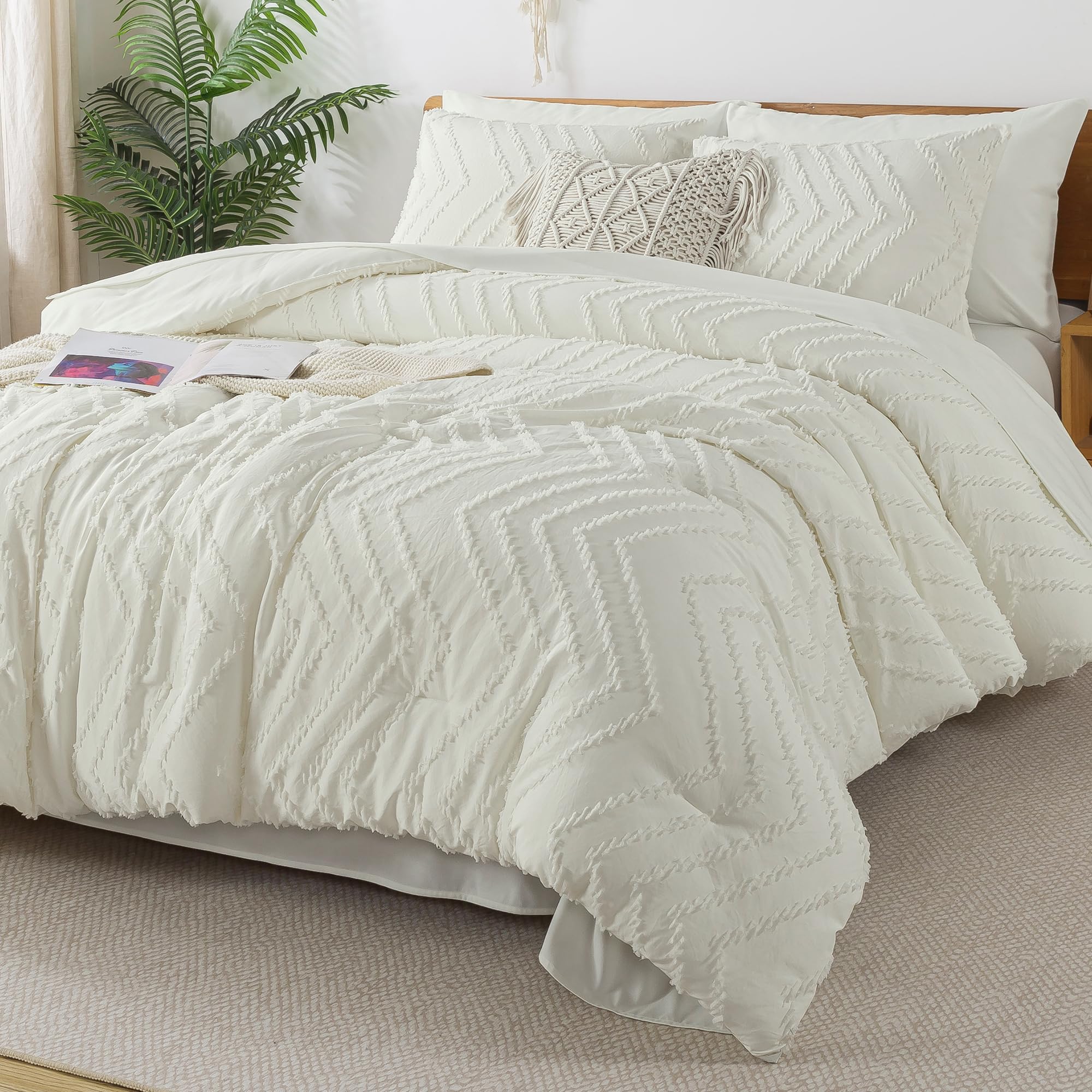 Litanika Ivory Queen Size Comforter Set With Sheets - 7 Pieces Bed In A Bag Queen Boho Tufted Complete Beddding Sets With Comfor