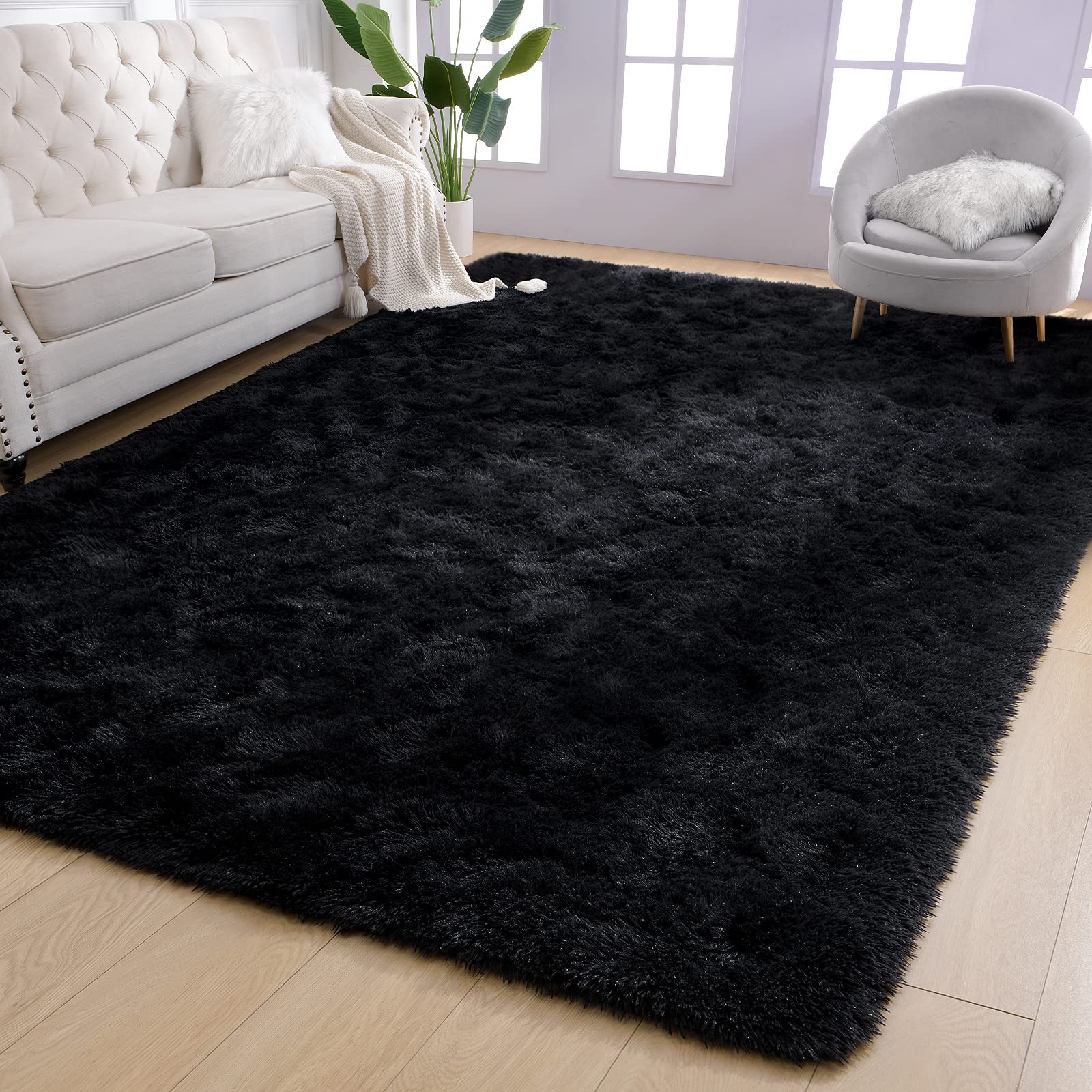 Arogan 5X8 Feet Luxury Large Area Rugs For Living Room, Super Soft Fluffy Bedroom Rug, Black Shaggy Rug For Kids Girls Playroom