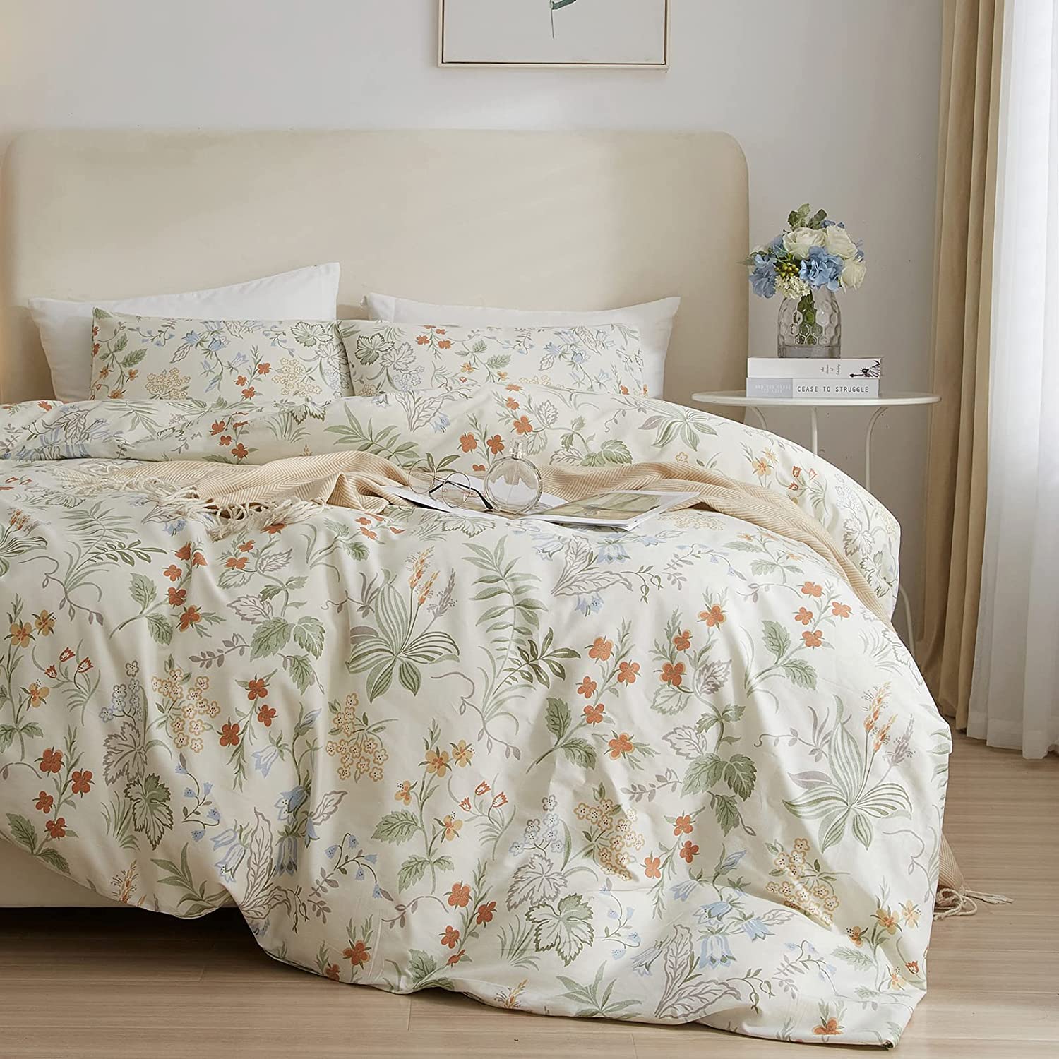 Lifetb Chic Botanical Floral Duvet Cover King White Soft 100% Cotton Garden Floral Bedding Set King Vintage Style Floral Comfort