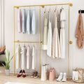 DR.IRON Industrial Pipe Gold Clothing Racks with Double Bar, Industrial Pipe Clothes Racks Wall Mounted, Heavy Duty Gold Closet 