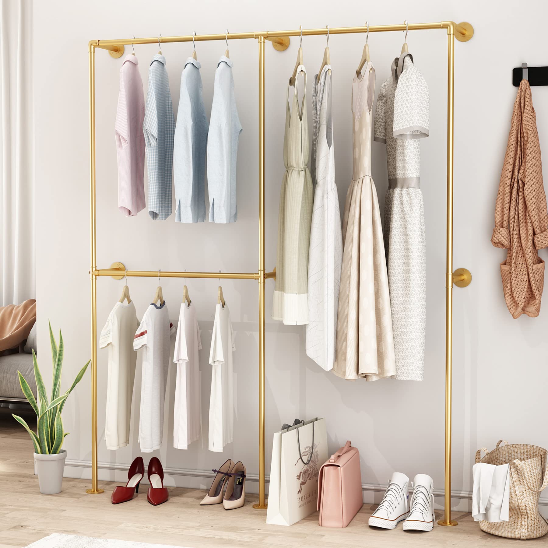DR.IRON Industrial Pipe Gold Clothing Racks with Double Bar, Industrial Pipe Clothes Racks Wall Mounted, Heavy Duty Gold Closet 
