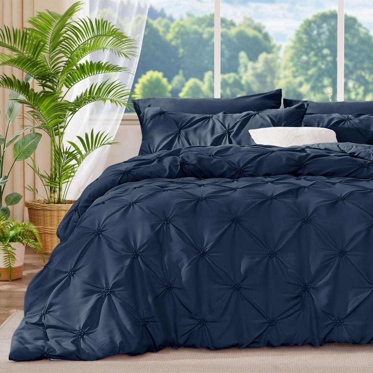 Bedelite Navy Queen Comforter Set - 3 Pieces Boho Pintuck Bedding Comforter Sets, Lightweight Soft & Warm Bed Comforter Queen Wi