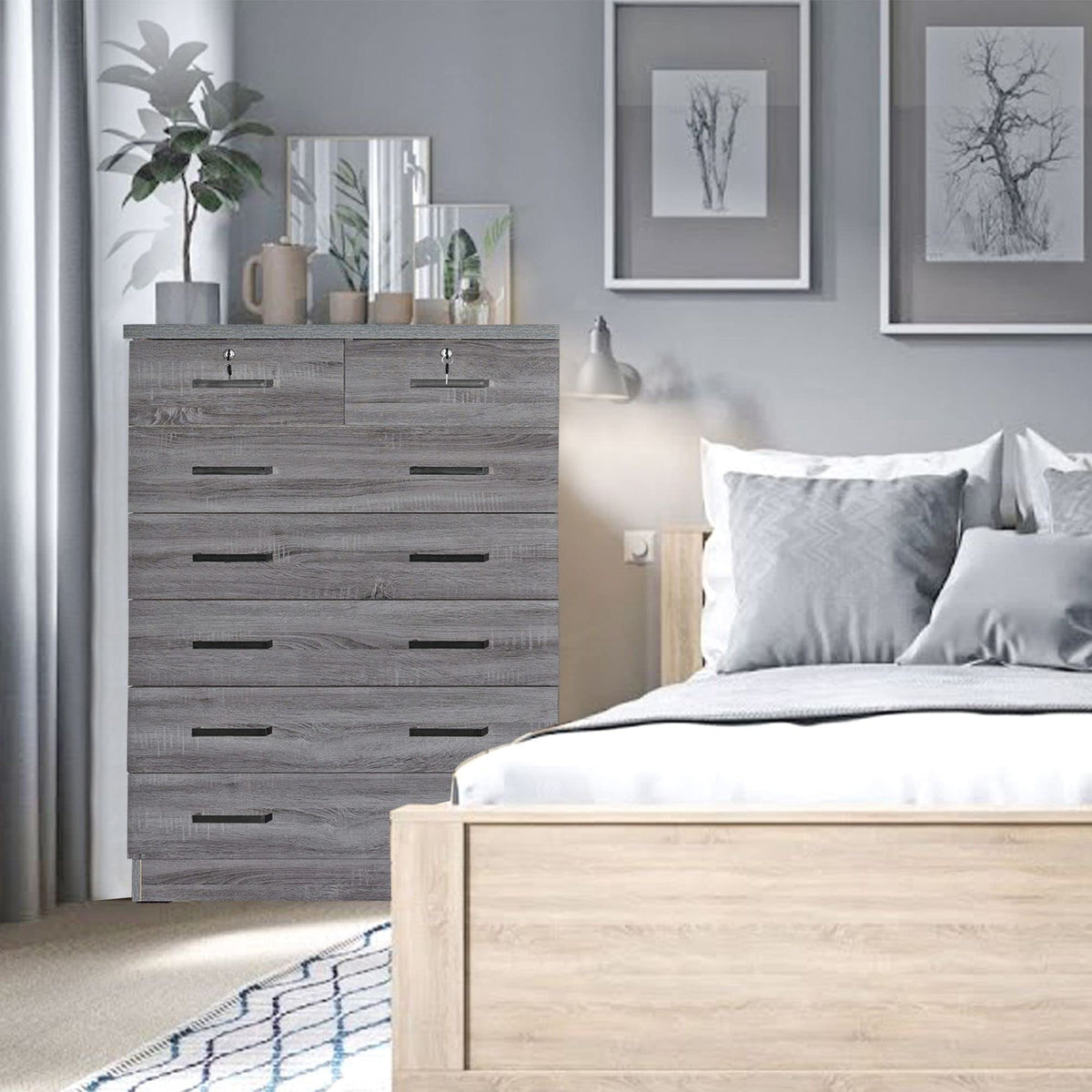 Better Home Products Cindy 7 Drawer Chest Wooden Dresser With Lock (Grey), Large, Wc7Chest