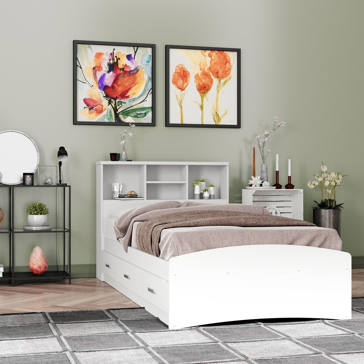 Bed with 3 Drawers and Bookcase Headboard (White, Twin)