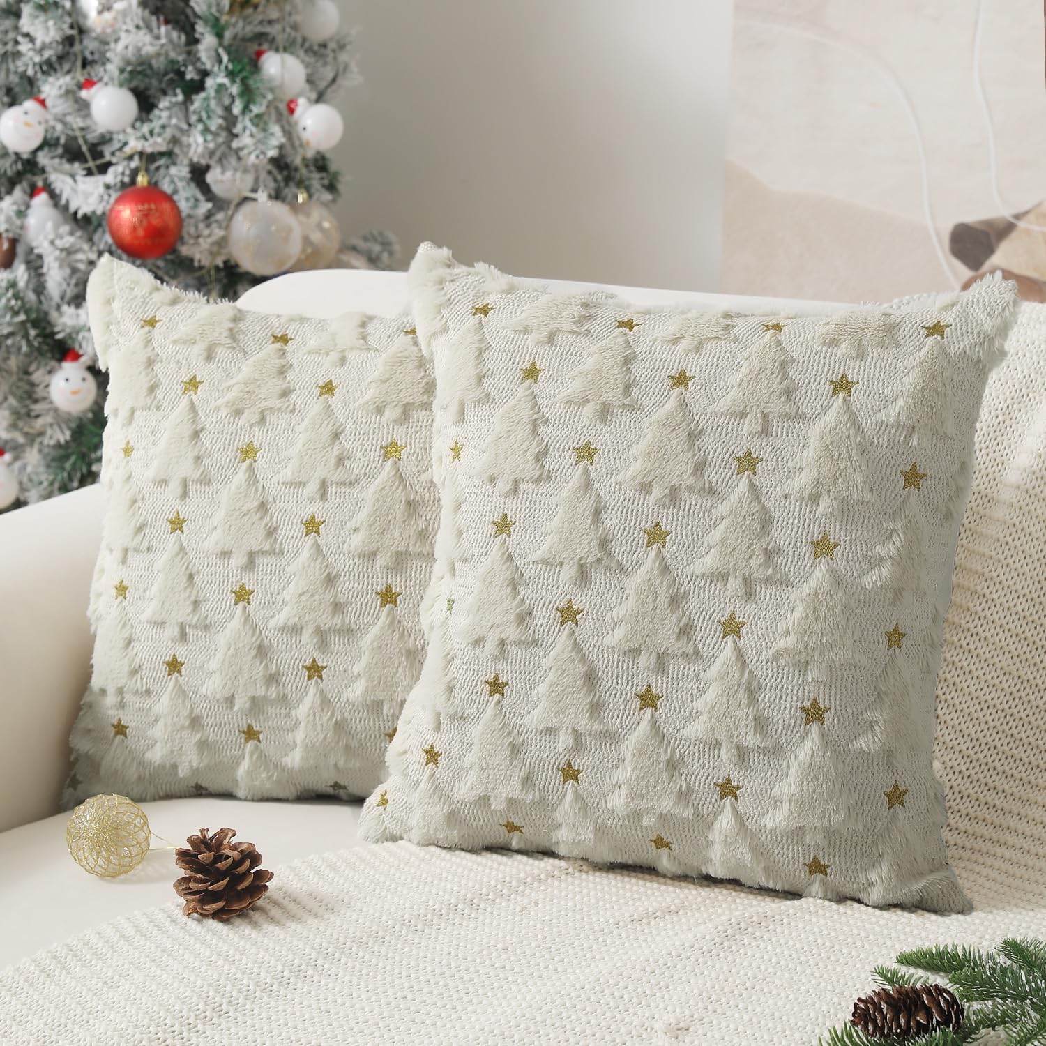 Allorry Christmas Pillow Covers 20 X 20 Inch Set Of 2 Cream White Christmas Tree Pillow Covers Decorations Plush Faux Fur Soft C