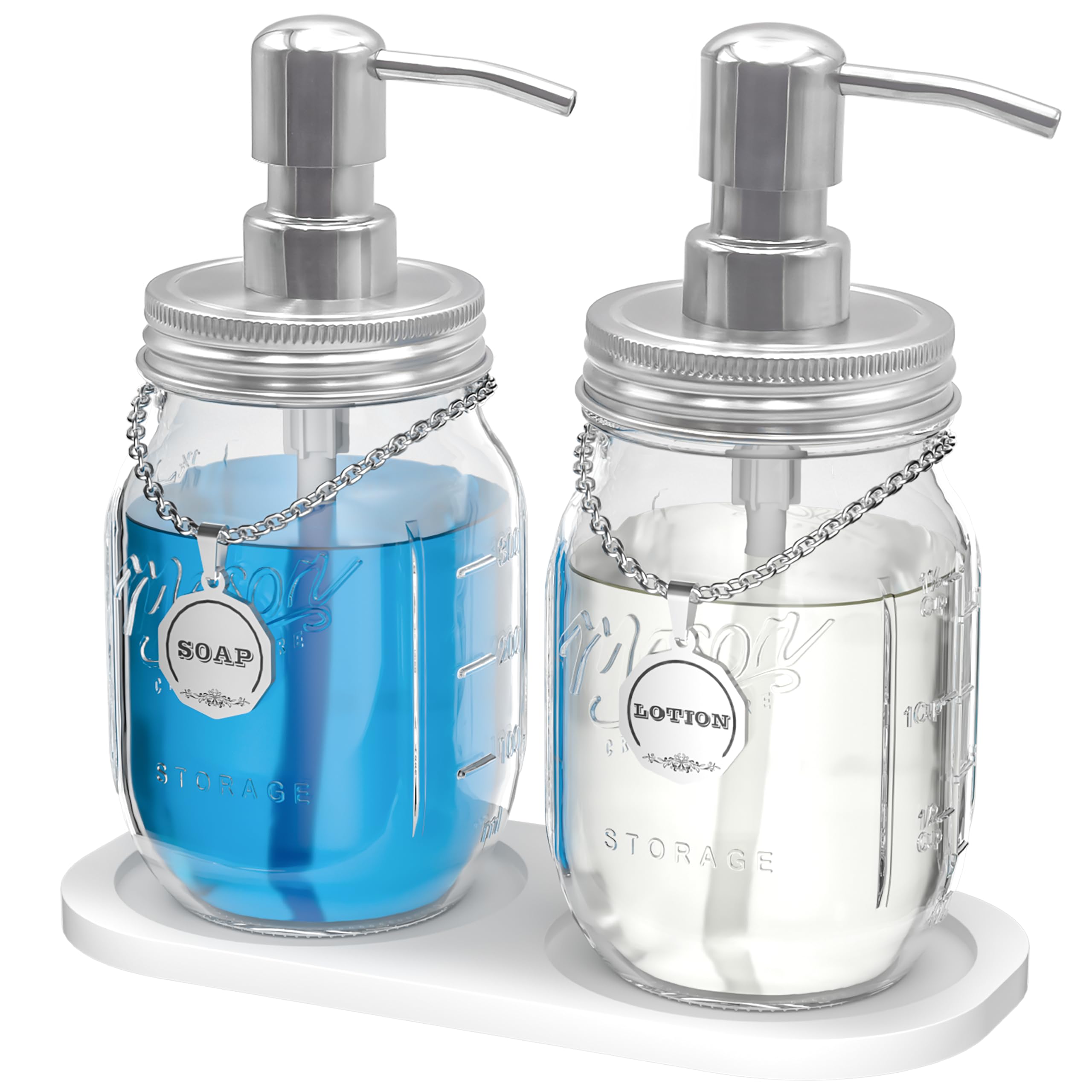 Mason Jar Soap Dispenser Set with 16 Ounce Mason Jar, Non-Slip Coaster, Made from Rust Proof Stainless Steel, Soap Labels (Silve