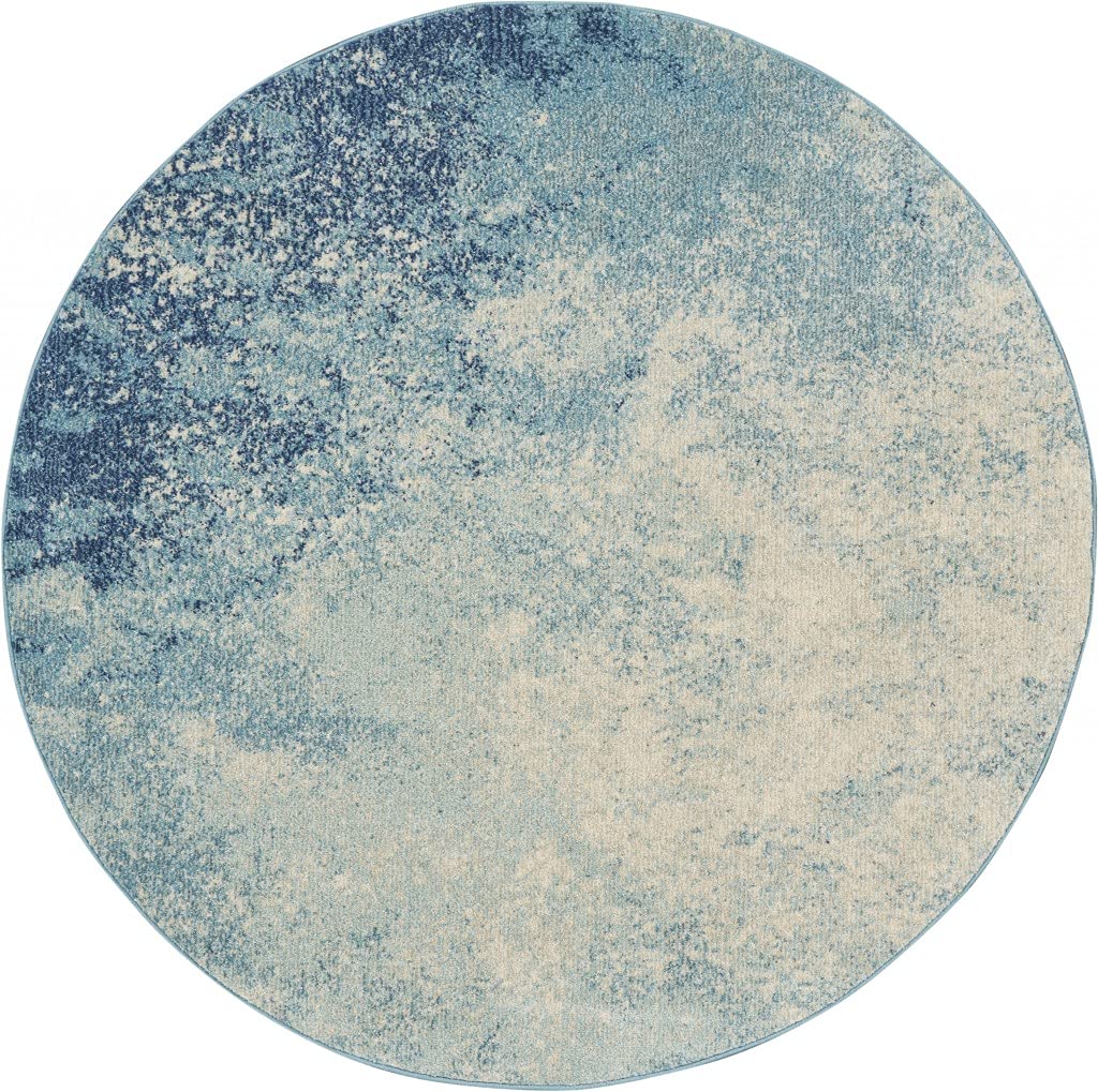 HomeRoots Navy/Light Blue 100% Polypropylene 4’ Round Light Blue and Ivory Abstract Sky Area Rug