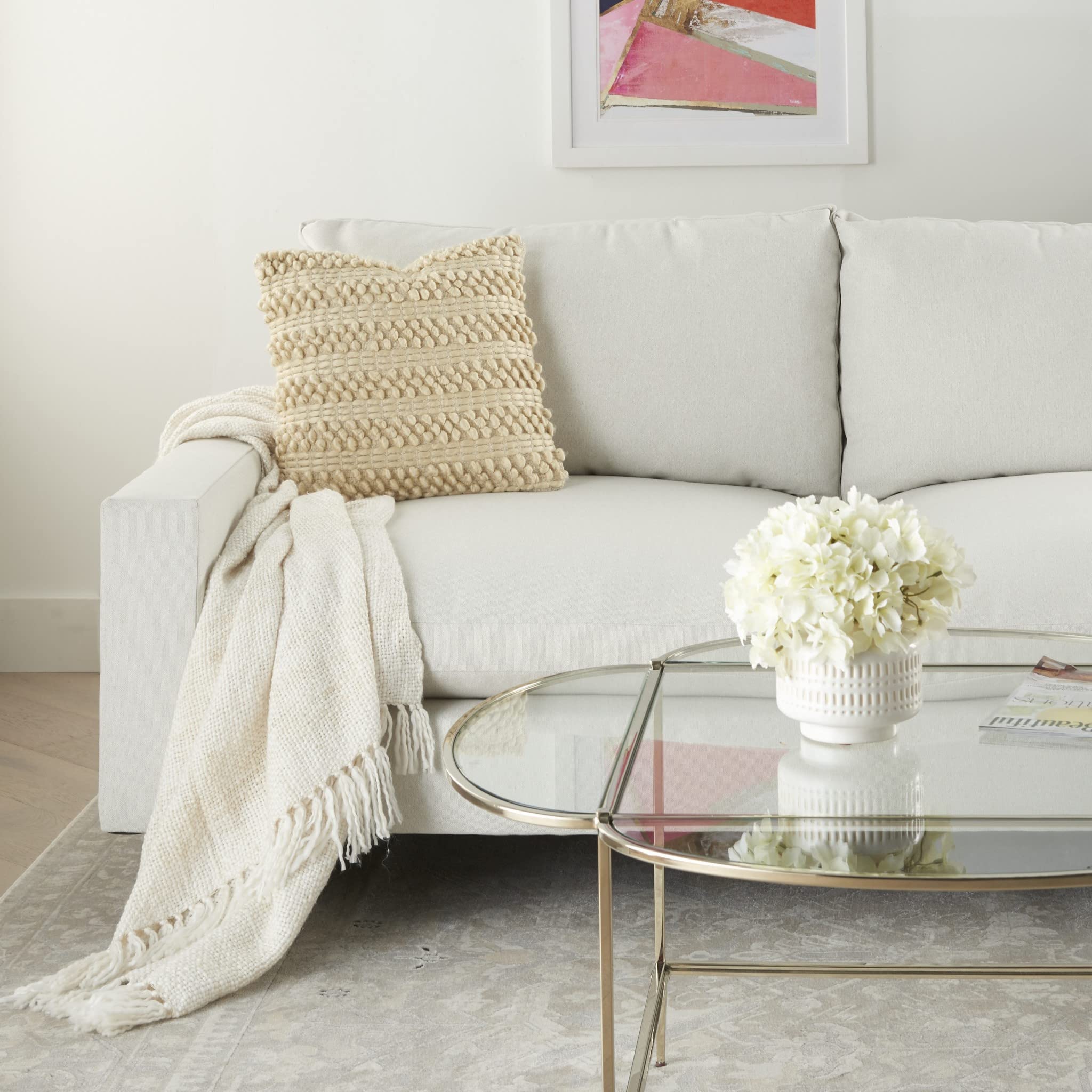 HomeRoots #n/a Polyester Cream Pom-Pom Detailed Throw Pillow