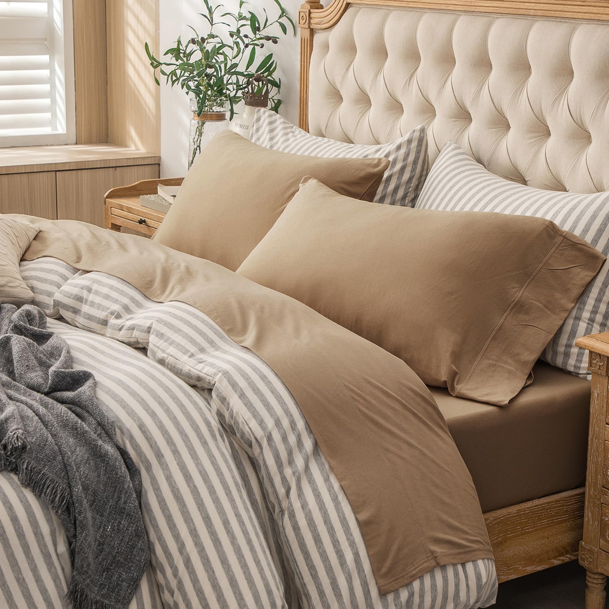 PURE ERA Jersey Knit 4pc Bed Sheet Set 100% T-Shirt Cotton Super Soft Comfy Breathable Fits Mattress Up to 20 Extra Deep Pocket 
