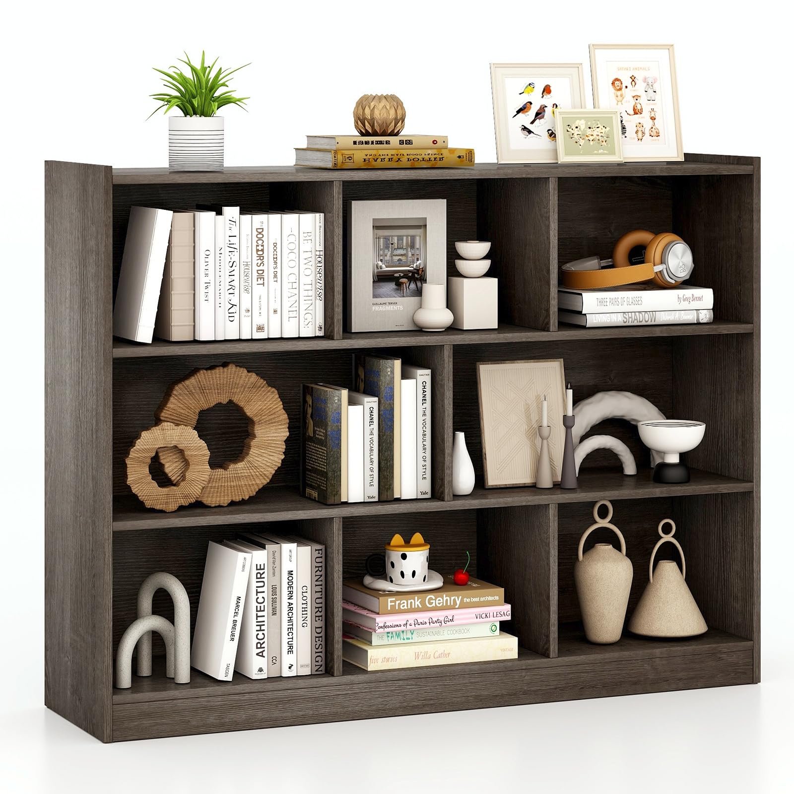 Silkydry 8 Cube Storage Bookcase, 3-Tier Horizontal Bookshelf Organizer, Wooden Display Cabinet For Living Room, Bedroom, Study, 48'' X 12.5'' X 36.5'' (Grey)