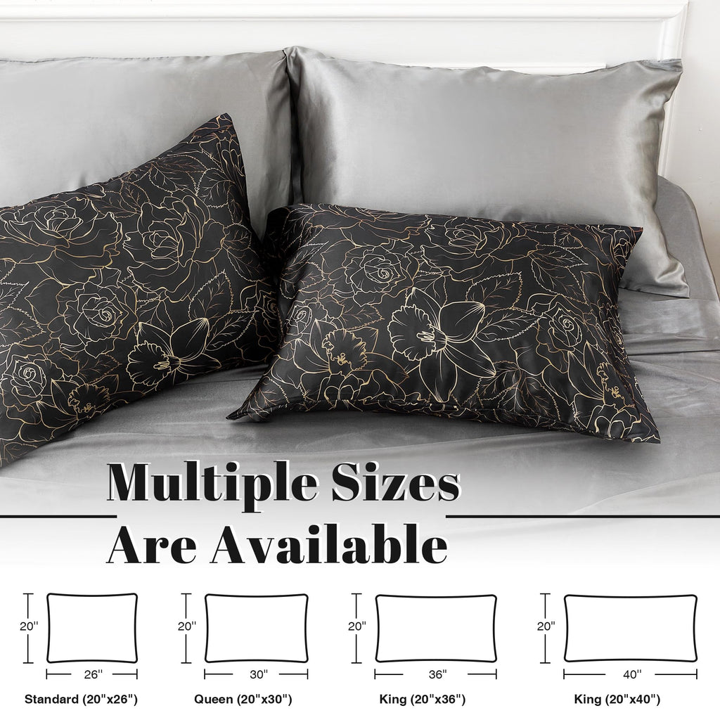 Exq Home Satin Pillowcase For Hair And Skin Queen - Printed Rose On Black Silk Pillowcase 2 Pack 20X30 Inches - Satin Pillow Cas