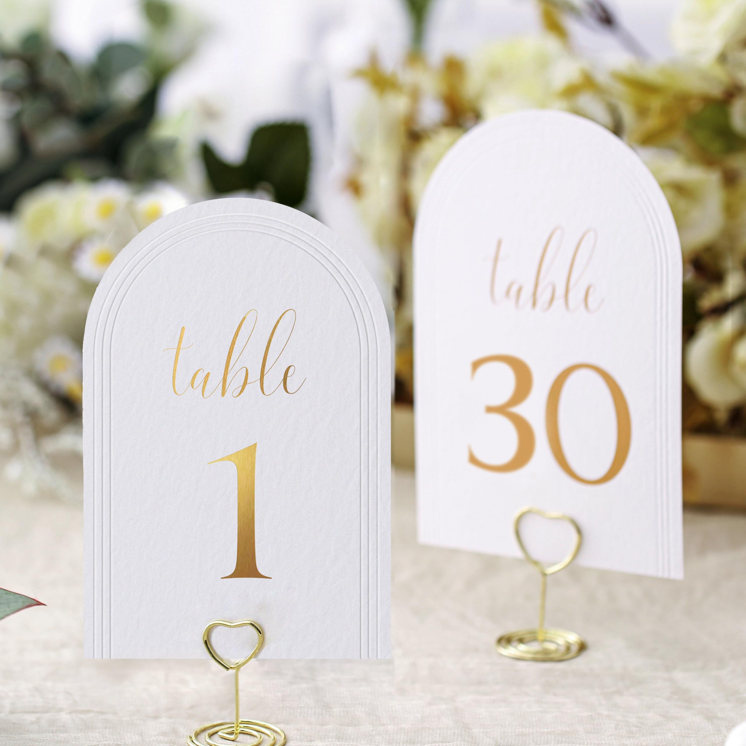 Arch Table Numbers 1-30 + Head Table,4x6 Inch White Art Paper, Double-Sided, Gold Foil Embossed Details, Elegant Perfect for Wed