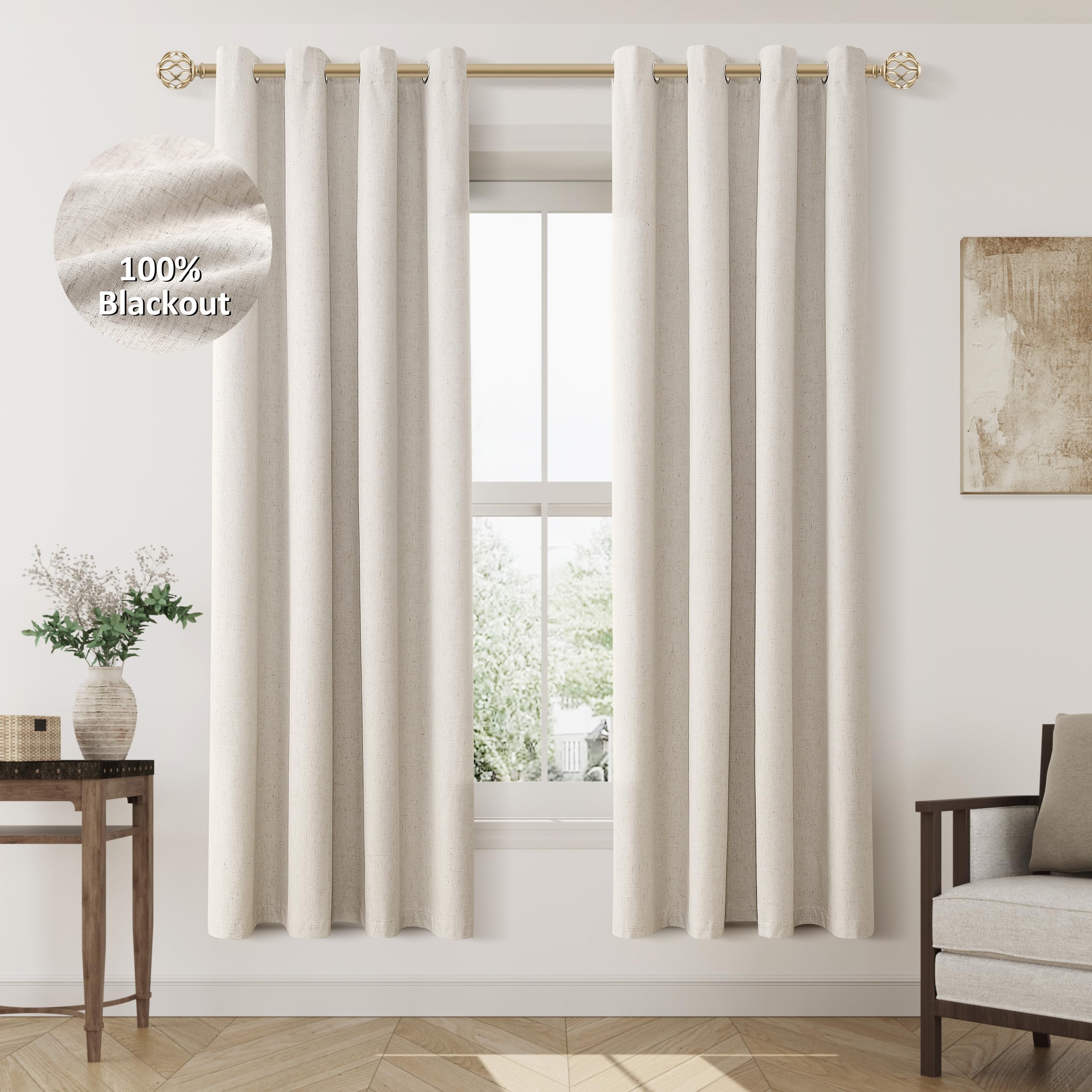 Jowels Beige Linen Blackout Curtains 72 Length 2 Panels Set For Living Room Bedroom, 100% Black Out Thermal Insulated Linen Drap