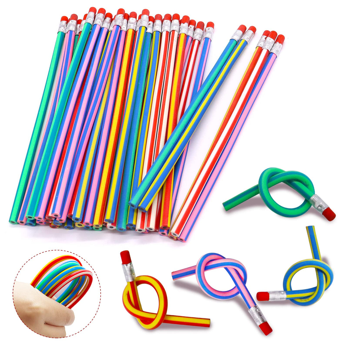 Qyyiguf 40 Pcs 7 Inch Flexible Pencils,Soft Novelty Pencil,Multi Colored Striped Soft Pencil With Eraser For Valentine'S Day,Chi