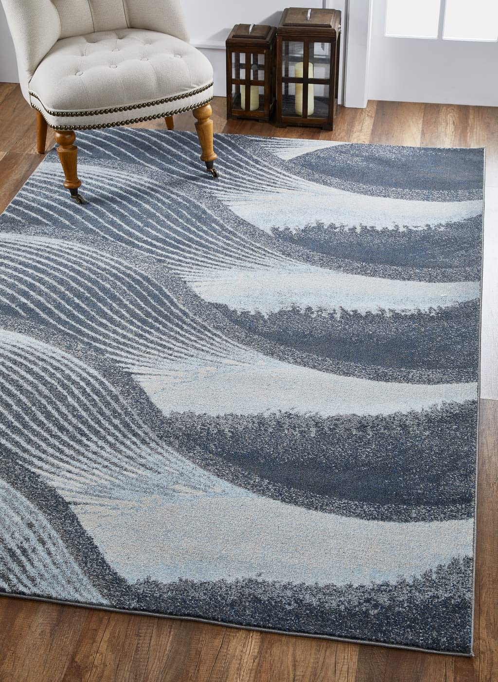 HomeRoots Grey/Blue Heat-Set Polypropelene 7’ x 10’ Gray Blue Abstract Waves Modern Area Rug