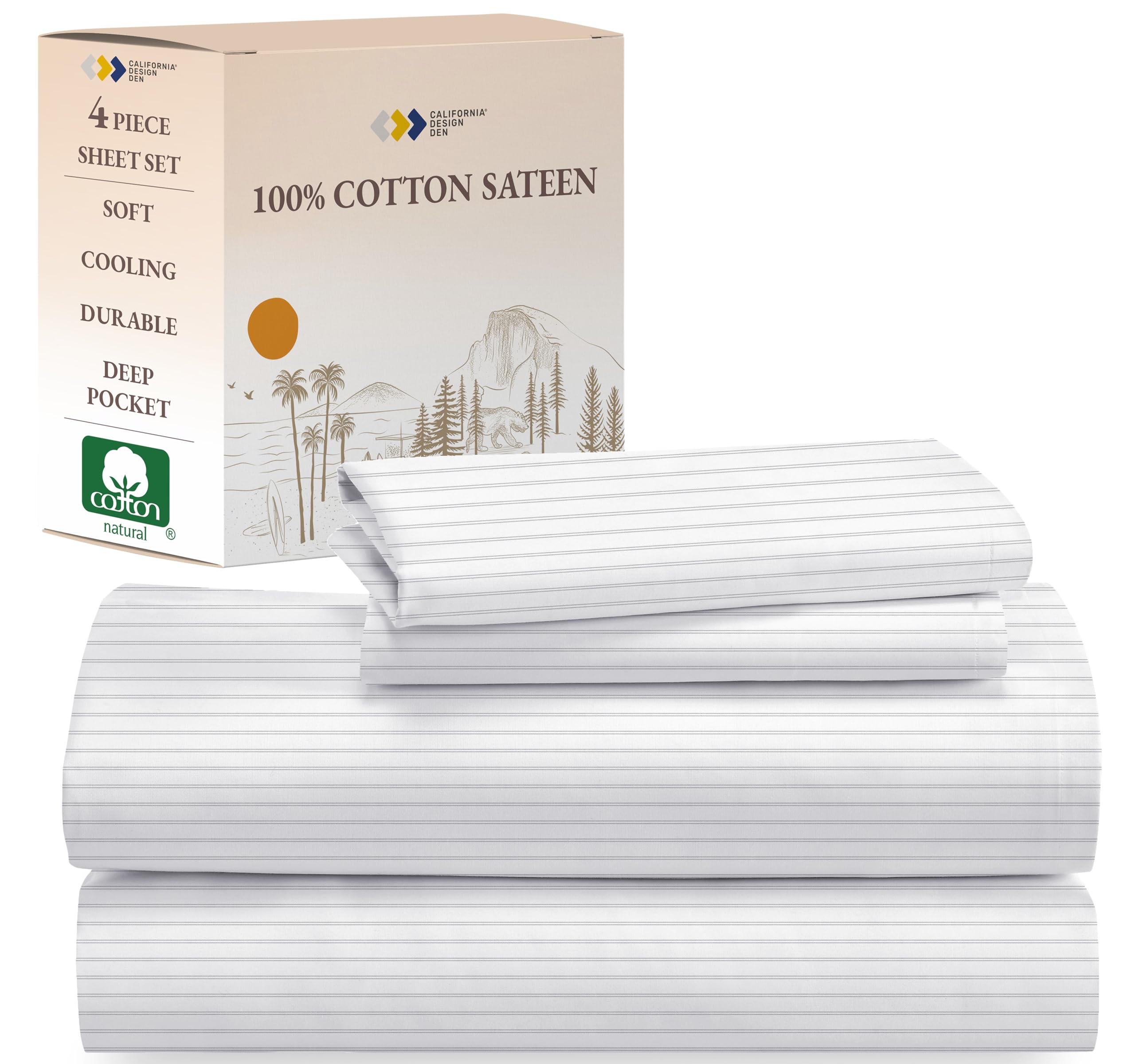 California Design Den Full Sheet Set Stripe, 100% Cotton, 4 Pc Deep Pocket Full Sheets & Pillowcase Set - Classic Stripe