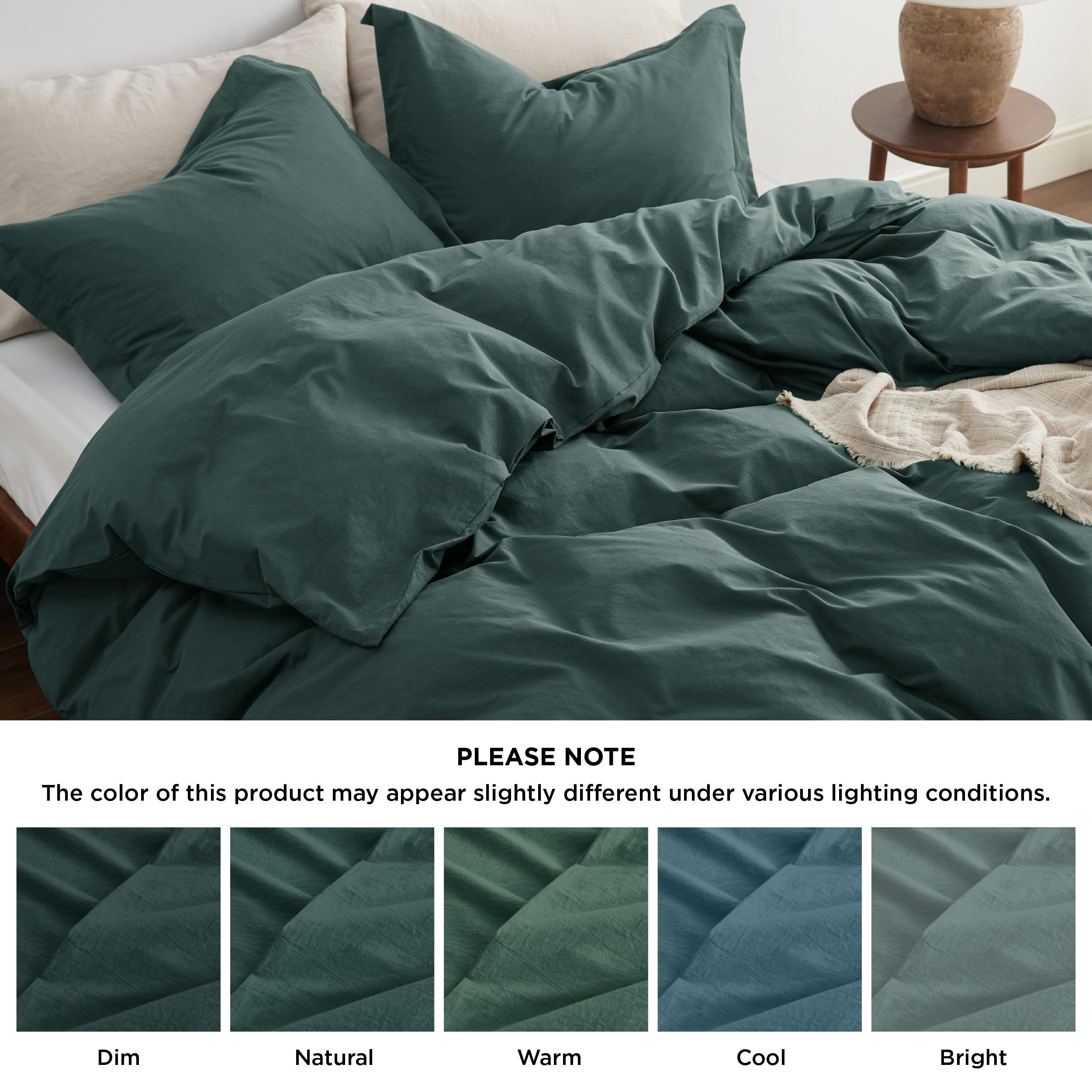 Bedsure 100% Washed Cotton Duvet Cover Queen - Forest Green Minimalist Cotton Duvet Cover Linen Like - 3 Pieces Gentlesoft™ Plain Simple Bedding Set With 2 Pillow Shams (Forest Green, Queen, 90'X90')