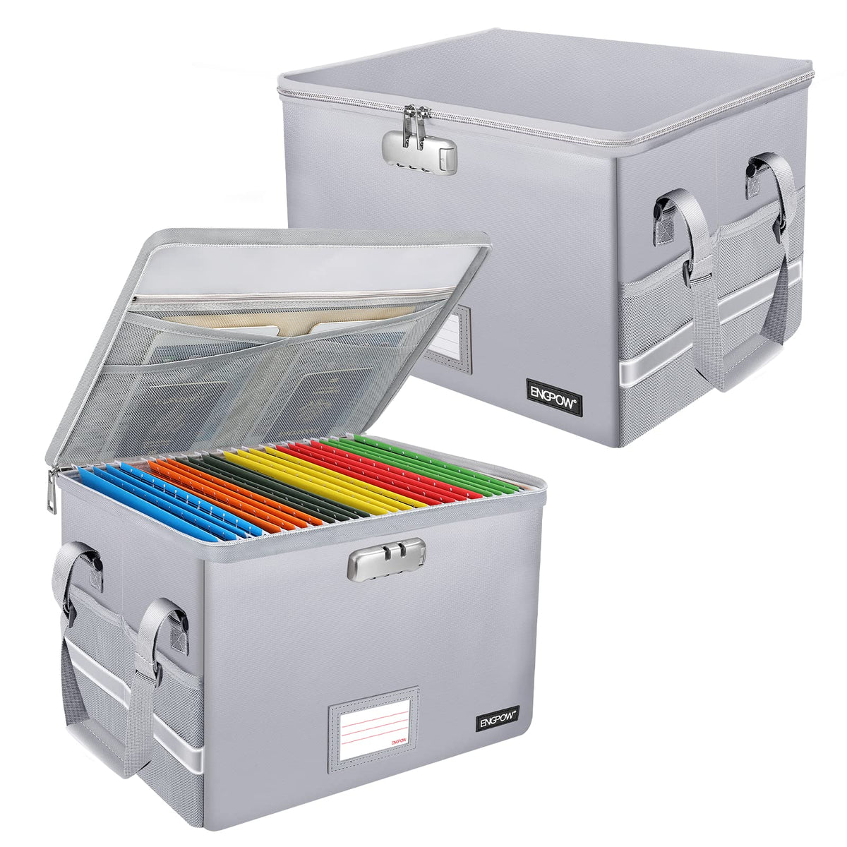 Engpow File Box With Lock,Fireproof Document Box With Pockets,Collapsible File Storage Organizer Filing Box With Handle,Portable