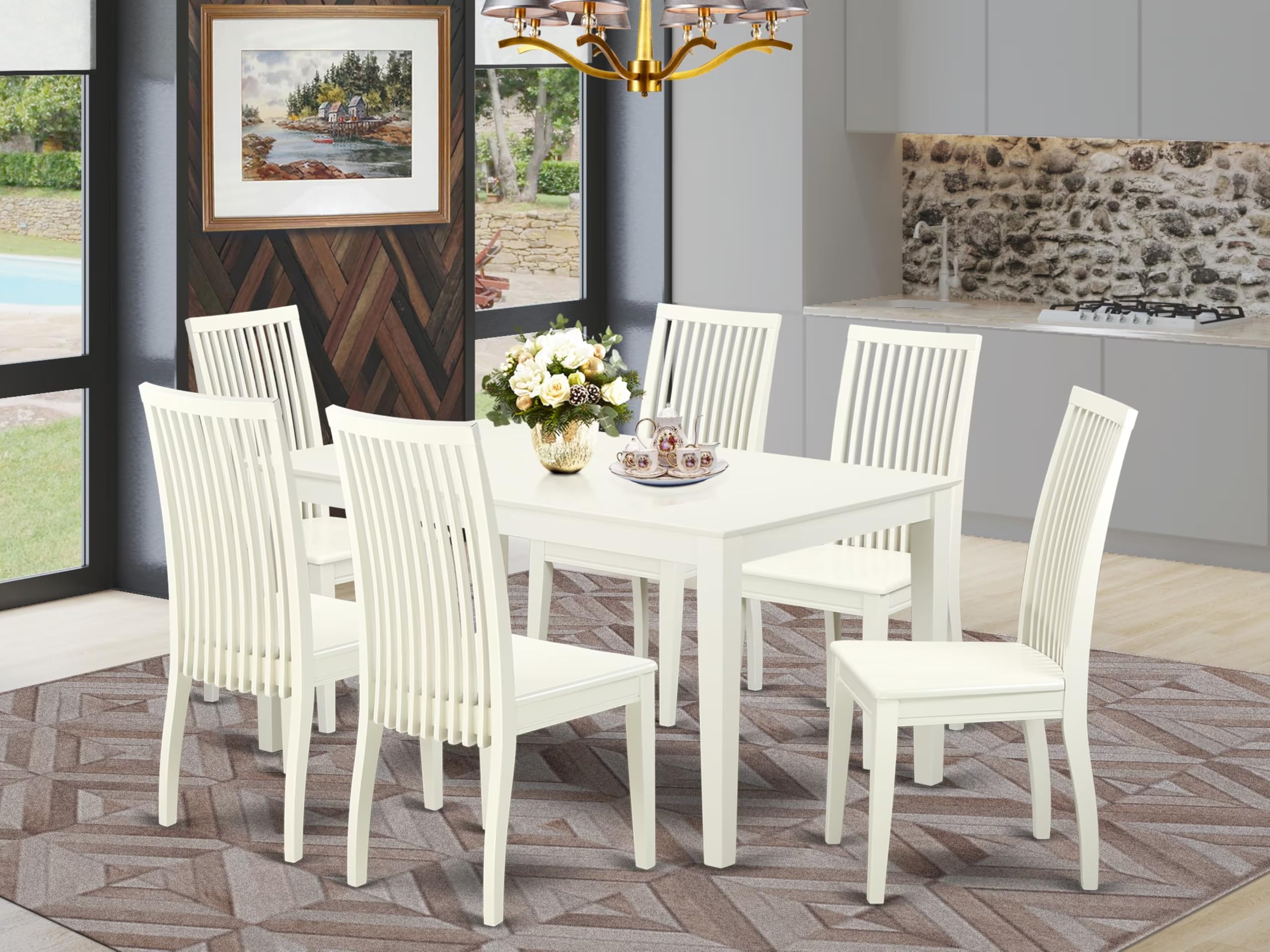 East West Furniture CAIP7-LWH-W 7 Piece Modern Dining Table Set Consist of a Rectangle Wooden Table and 6 Dining Room Chairs, 36x60 Inch, Linen White
