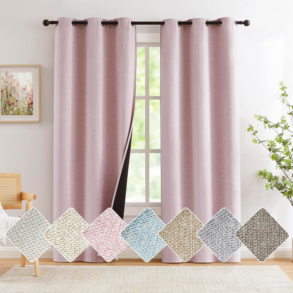 Pink Full Blackout Window Curtains Panels for Nursery Girls Bedroom, 63 Inches Long Thermal Insulated Burlap Linen Drapes Gromme