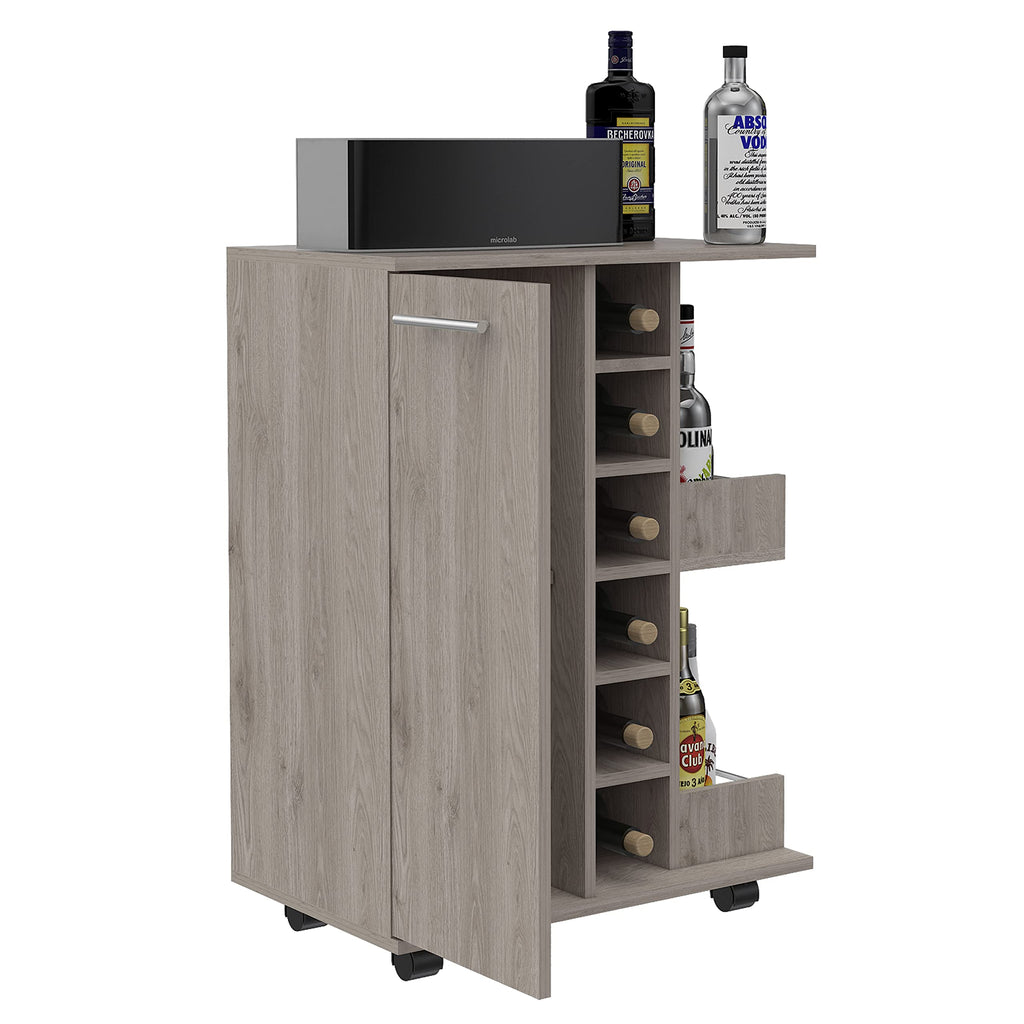DEPOT E-SHOP Magda Bar Cart with Four Casters, Six Built-in Wine Rack, Single Door Cabinet, and Two External Shelves, 32.32" H, Light Gray, Living Room
