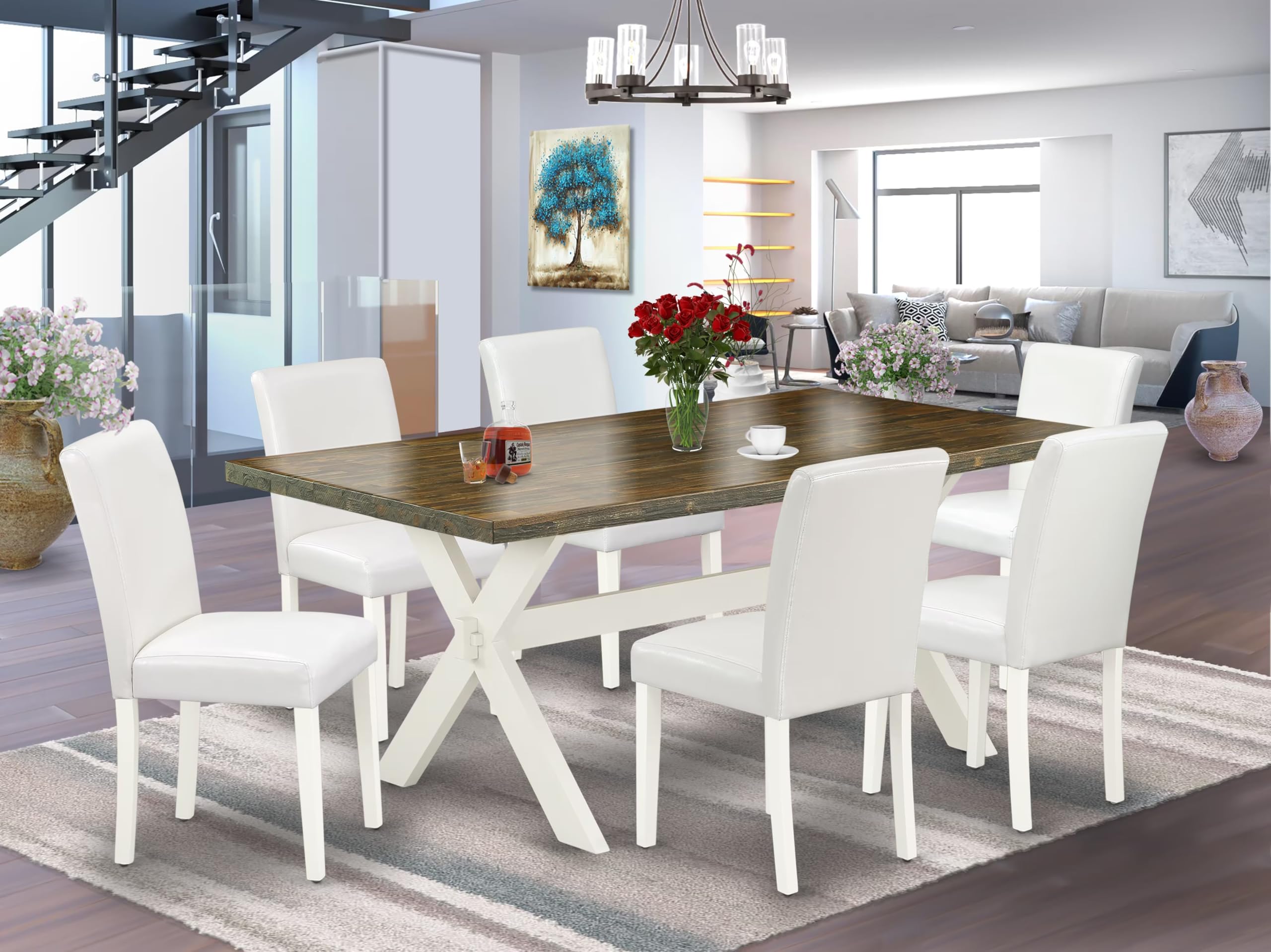 East West Furniture X077Ab264-7 7 Piece Dining Room Table Set Consist Of A Rectangle Dining Table With X-Legs And 6 White Faux Leather Upholstered Parson Chairs, 40X72 Inch, Multi-Color