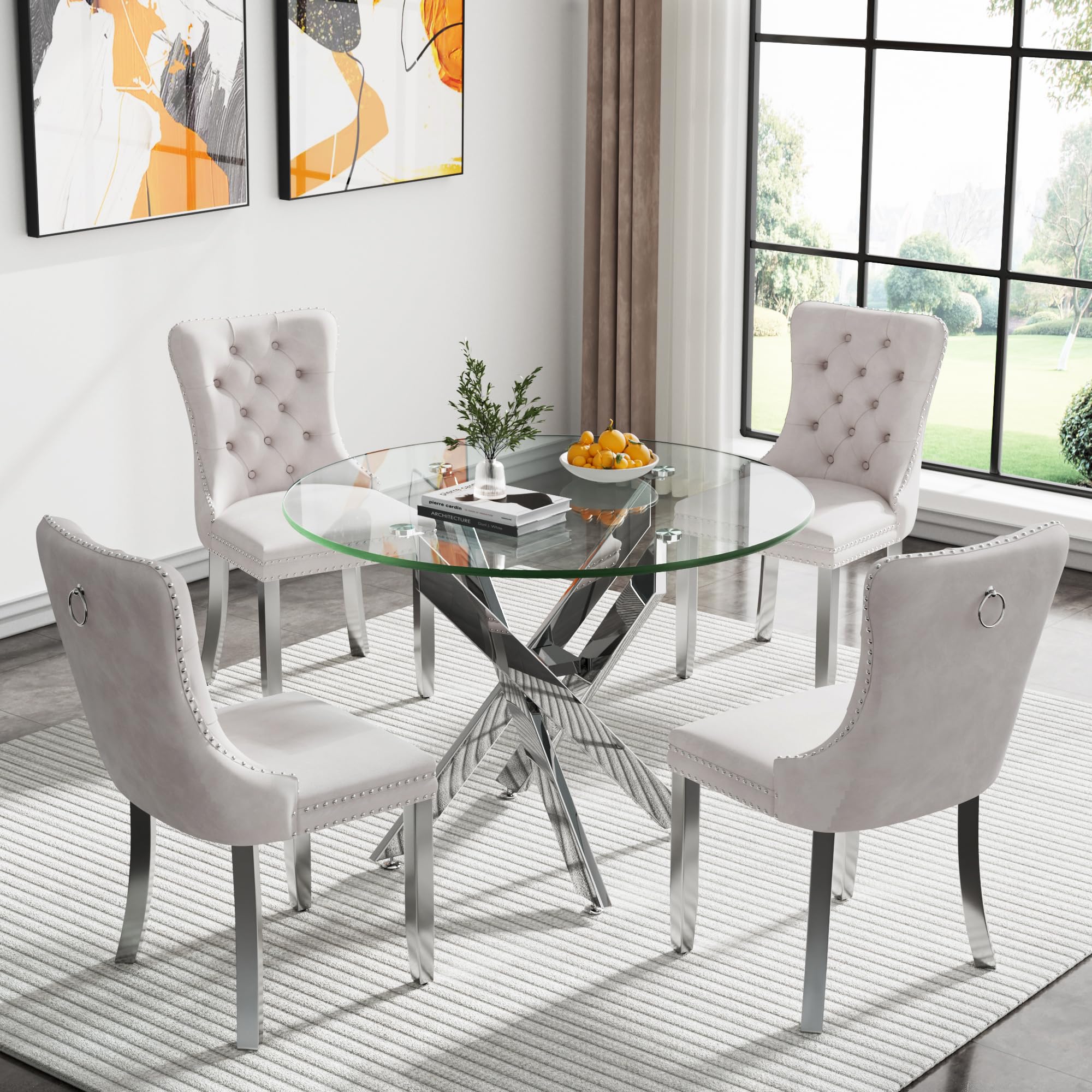 Kuvadaz 36' Modern Silver Glass Dining Room Table Set For 4, 5-Piece Round Kitchen Dining Table Set With Cross Metal Legs And 4