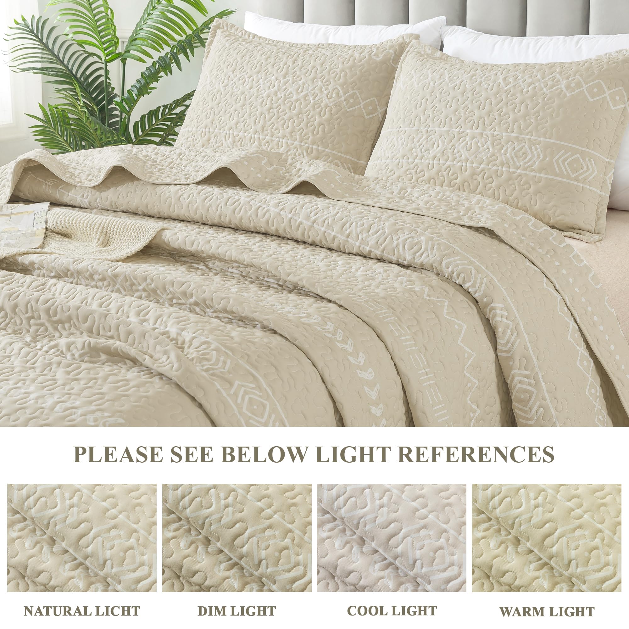 Andency Beige Quilt Set Queen (90X96 Inch), 3 Pieces(1 Striped Triangle Printed Quilt And 2 Pillowcases), Bohemian Summer Lightweight Reversible Microfiber Bedspread Coverlet Sets