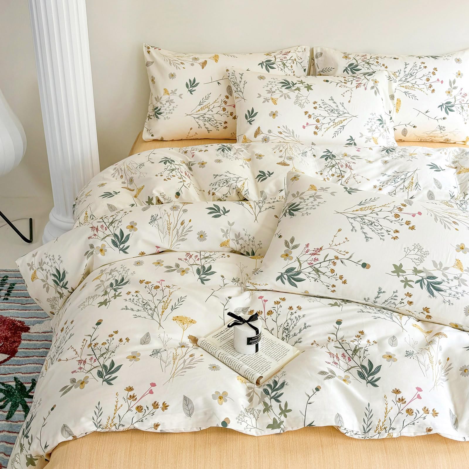 Highbuy Cotton 3 Piece Duvet Cover Set Yellow Floral Bedding Full Girls Botanical Coquette Vintage Soft & Comforter Cover Zipper