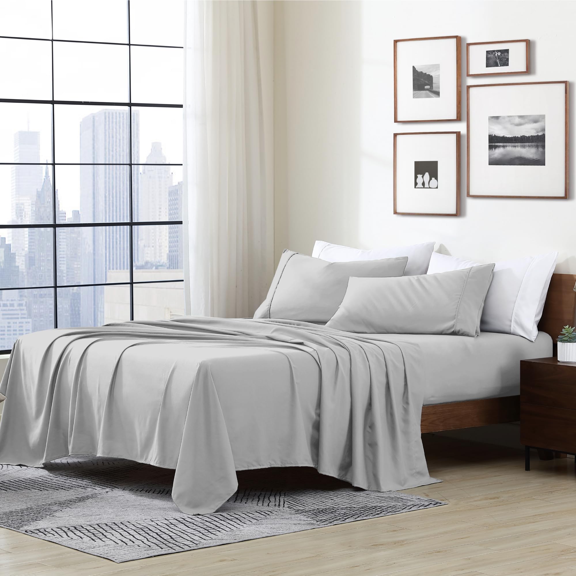 Cathay Home Essentials Ultra Soft Hypoallergenic Wrinkle Resistant Double Brushed Microfiber Bedding Sheet Set, Light Gray, Queen