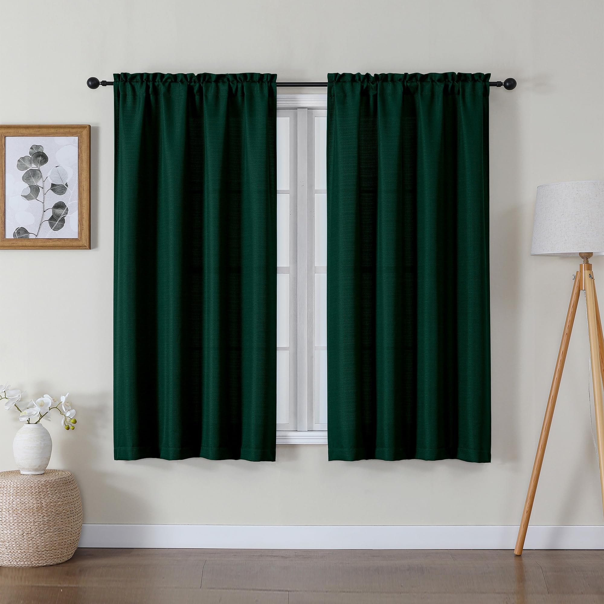 Lecloud Bessie Hunter Green Curtains 45 Inch Length 2 Pcs, Light Filteringn Airy Warm Faux Linen Textured Curtains, Durable Rod 