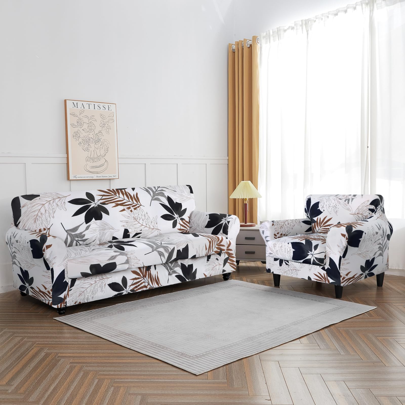 Searchi Stretch Sofa Cover Printed Couch Covers, Floral Pattern 2 Piece Armchair Slipcover With Separate Chair Cushion Cover, Washable Furniture Protector For Living Room(Armchair, Maple Leaf)