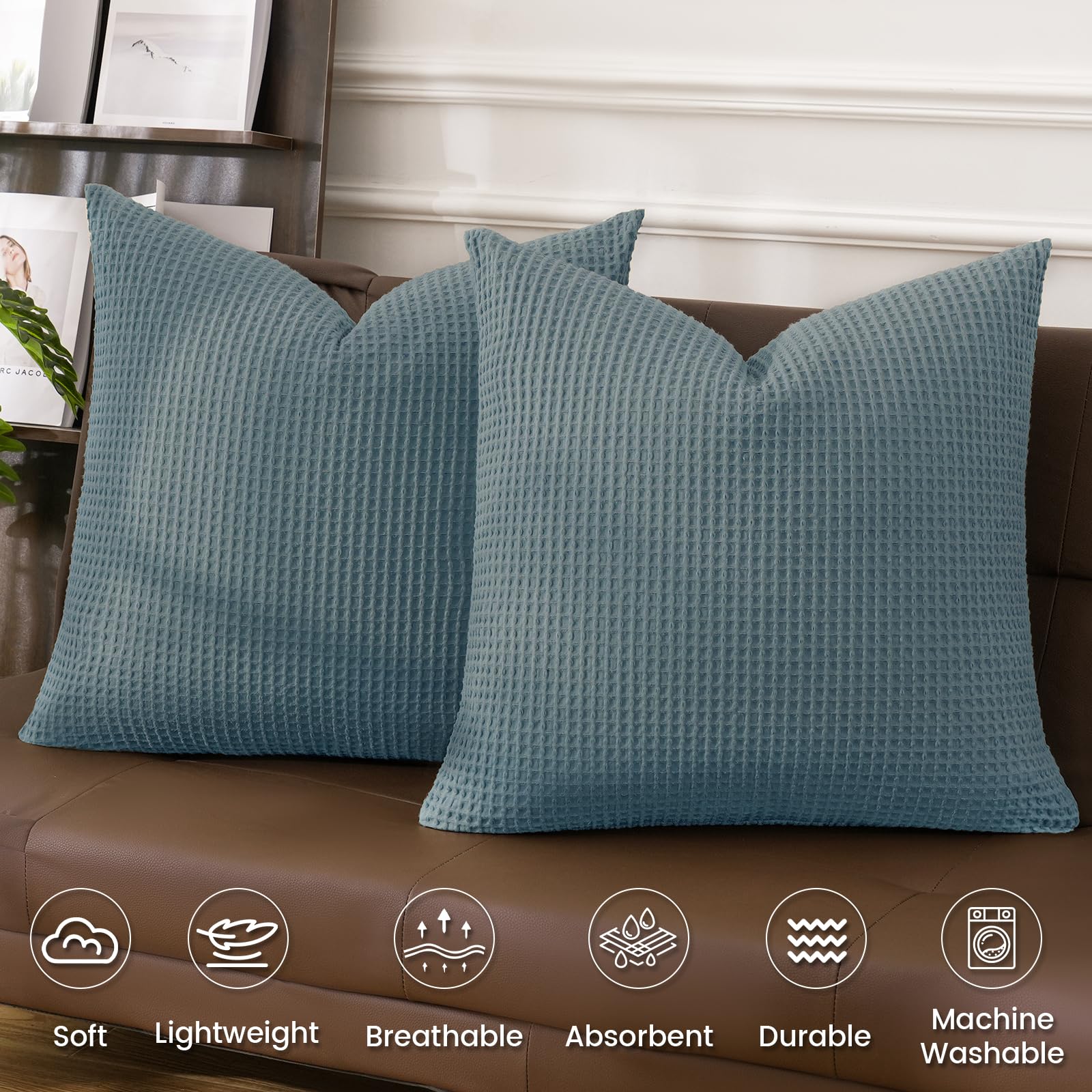 Phf 100% Cotton Waffle Weave Throw Pillow Cover, 24' X 24', No Filling, 2 Pack Elegant Home Decorative Square Throw Pillow Covers For Bed Couch Sofa, Ocean