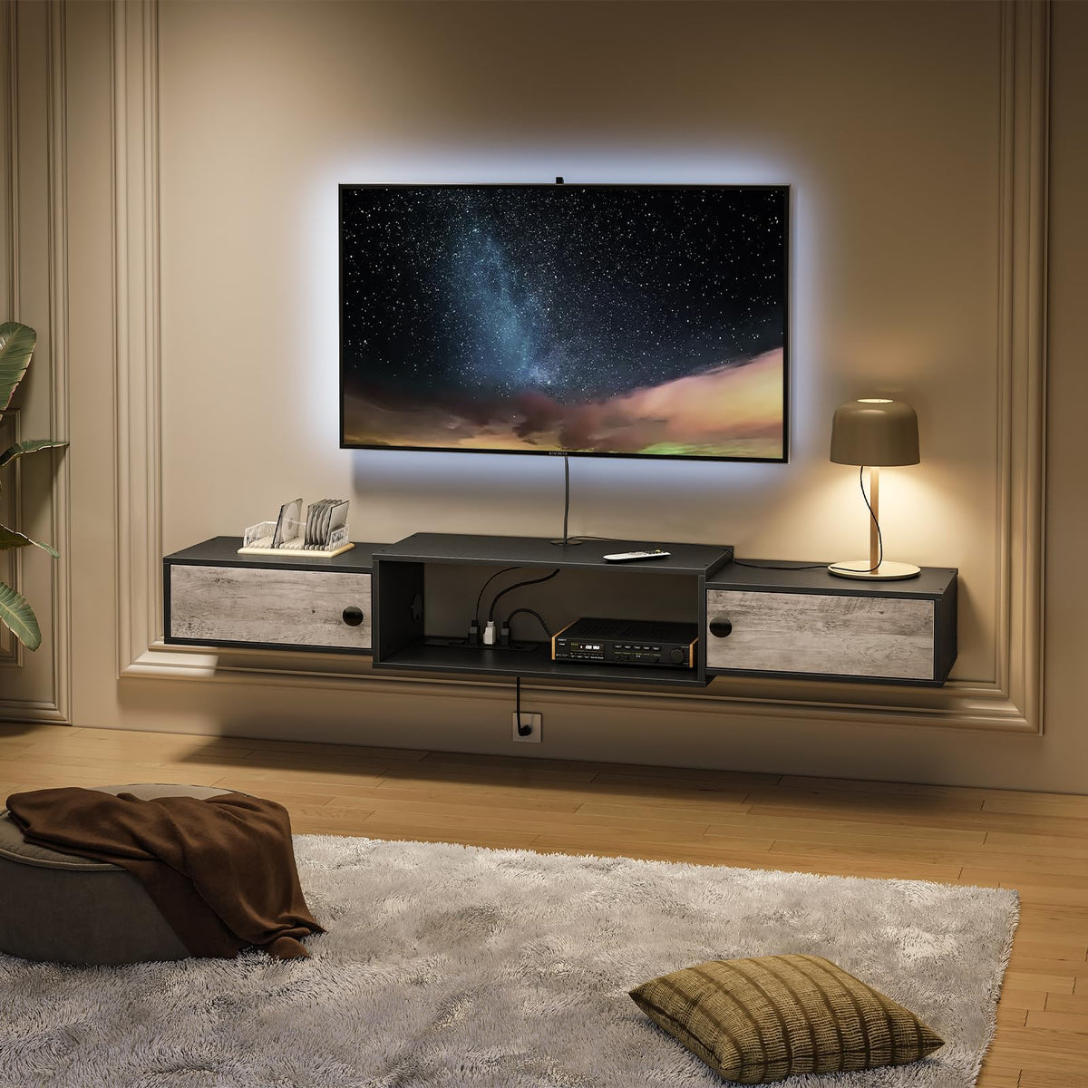 Hoobro Floating Tv Stand With Power Outlets 55', Modern Wall Mounted Media Console Shelf With Doors, Entertainment Center For Under Tv Storage, For Living Room, Bedroom, Greige And Black Bg11Uds01
