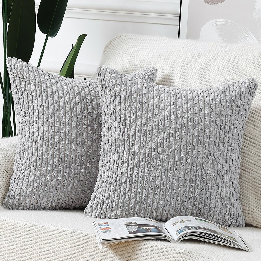 Madizz Pack Of 2 Boho Corduroy Striped Throw Pillow Covers 18X18 Inch Light Grey Soft Decorative Cushion Cover For Bedroom Sofa