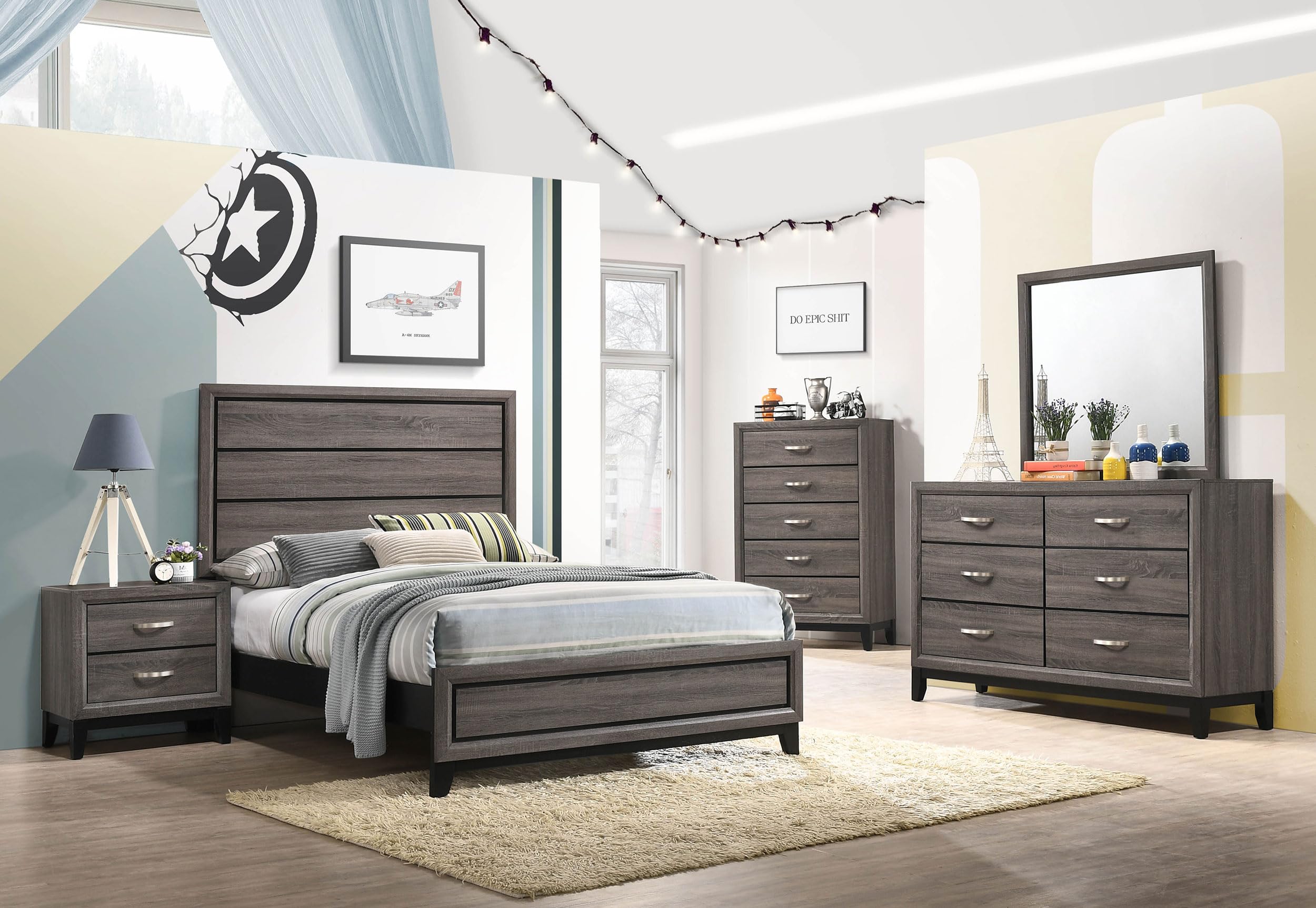 Coaster Home Furnishings Watson Transitional 5-Piece Bedroom Set Full Size Panel Bed Frame 57-inch Headboard Grey Oak 212421F-S5