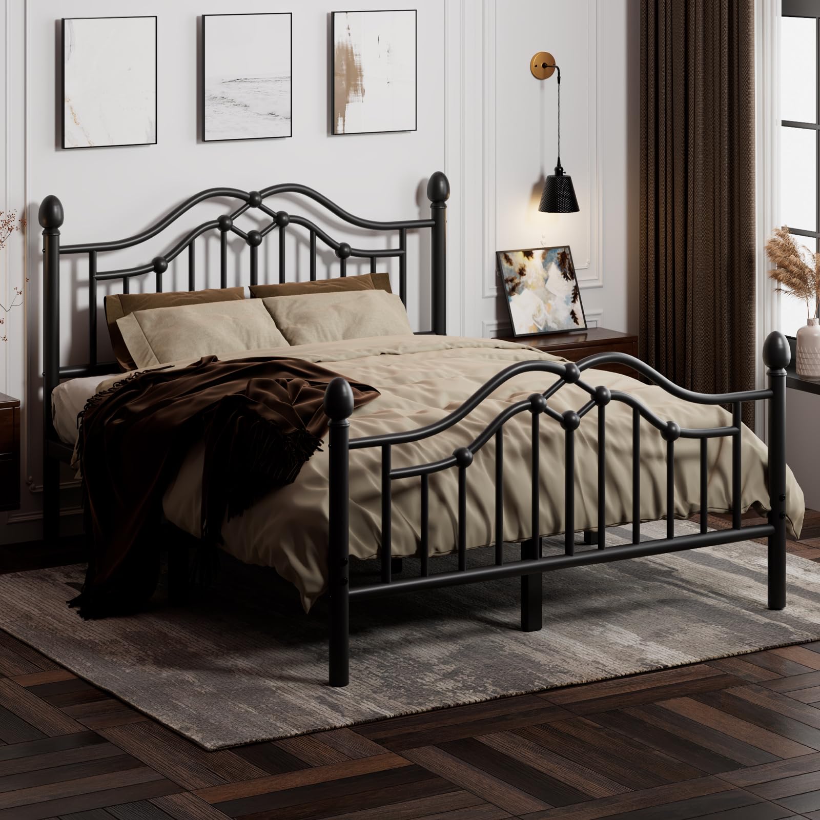 LoVinson Queen Metal Bed Frame with Headboard and Footboard, Modern Iron Platform Bed Frame Support Up to 1200LBS, Under Bed Sto