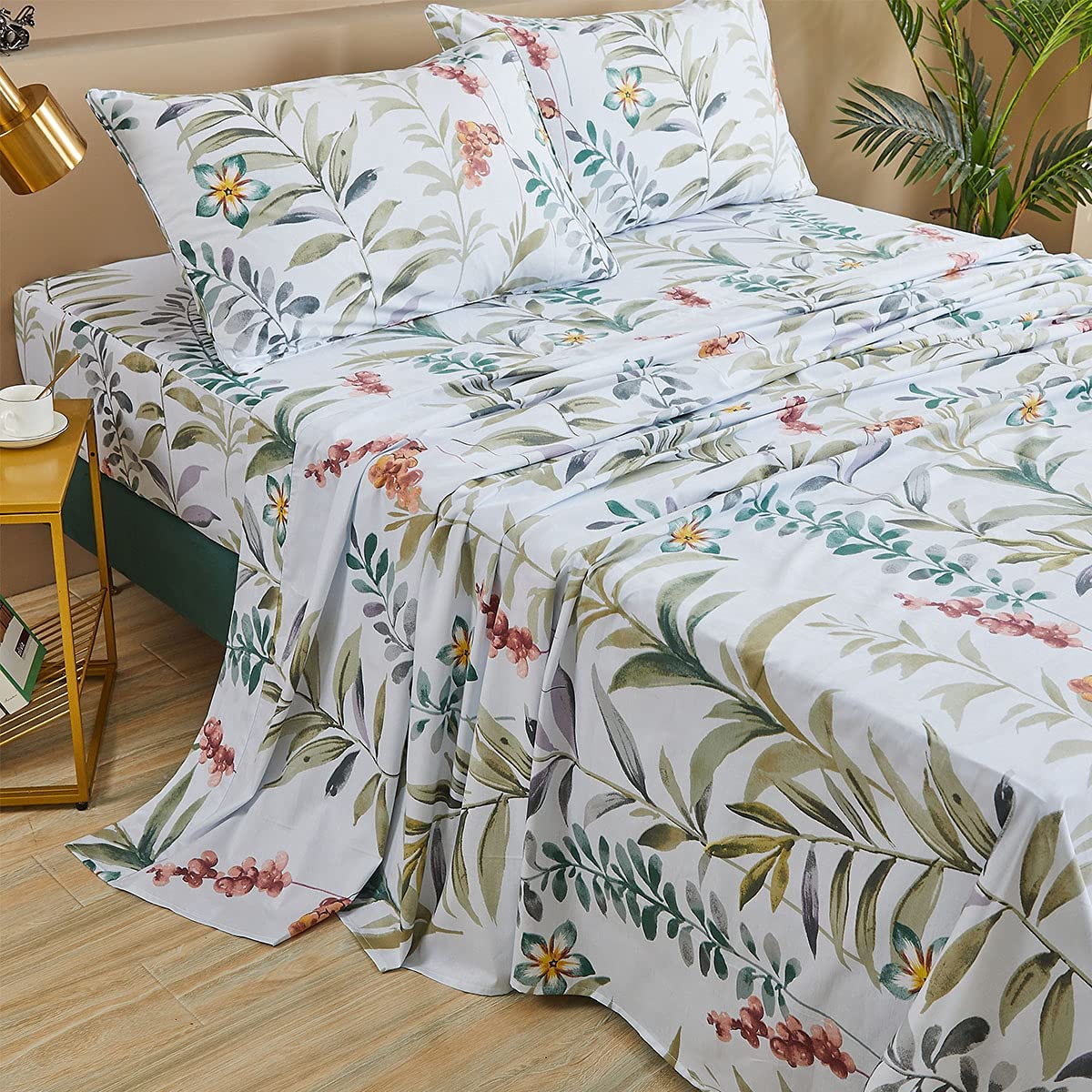 Fadfay Floral Leaves Sheet Set King, Premium 100% Cotton 600 Tc Green Leaf & Teal Flower Watercolor Farmhouse Bedding, Super Sof