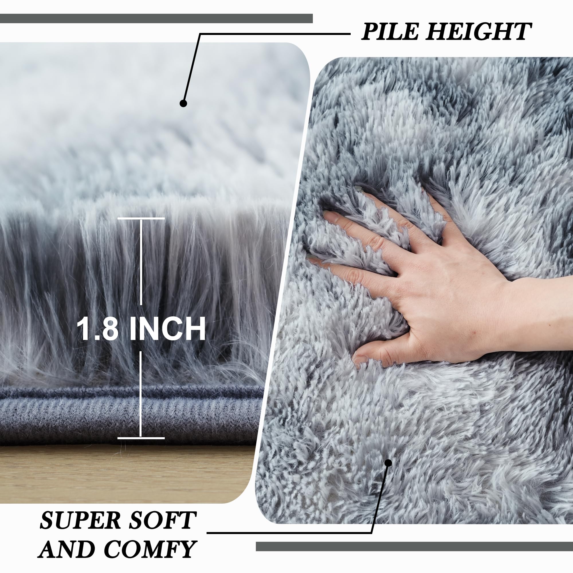 Fluffyrug Grey Shag Area Rug 6x9 Feet - Soft Plush Tie-Dye Light Gray Carpet for Living Room, Fuzzy Rectangular Floor Mat