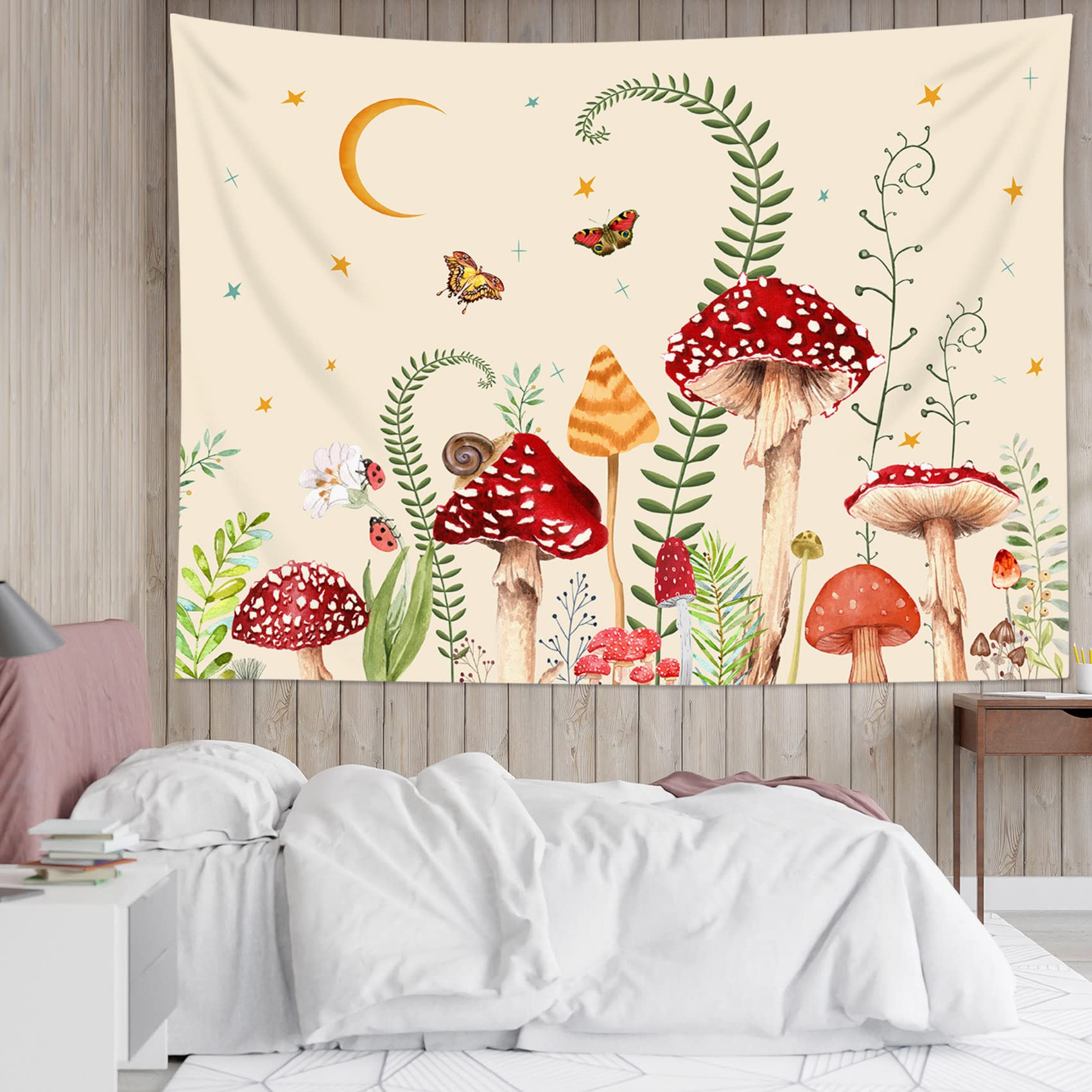 Lb Mushroom Tapestry Colorful Butterfly Tapestry Wall Hanging Moon And Star Beige Wall Tapestry For Bedroom Aesthetic Green Plan