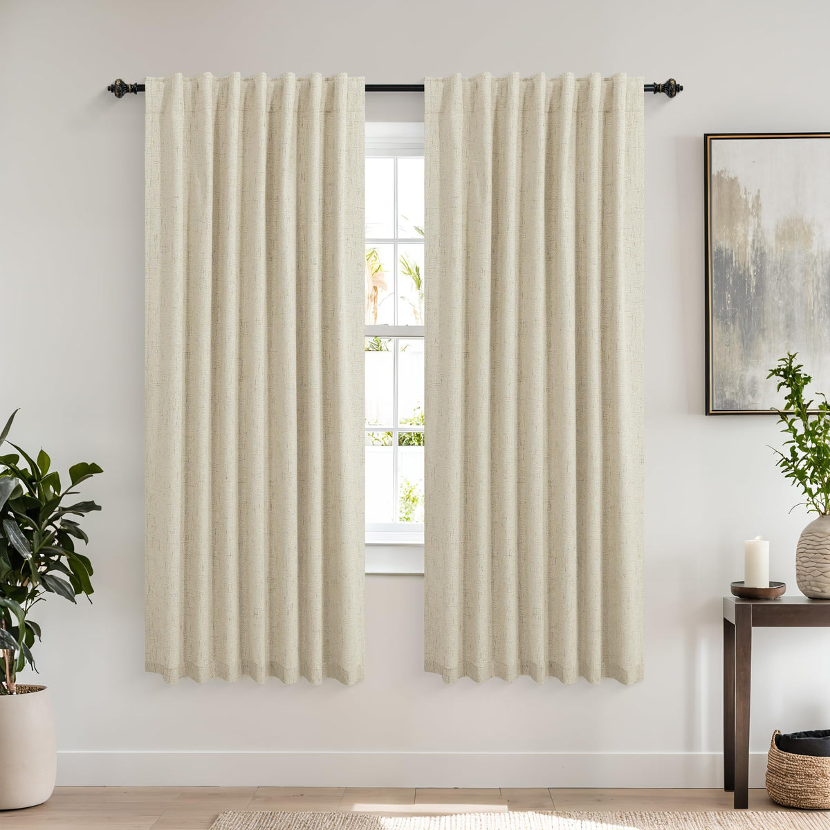 Koufall Tan Beige Black Out Curtains 63 Inches Long For Farmhouse Bedroom,Blackout Linen Textured Thermal Insulated Curtains 63
