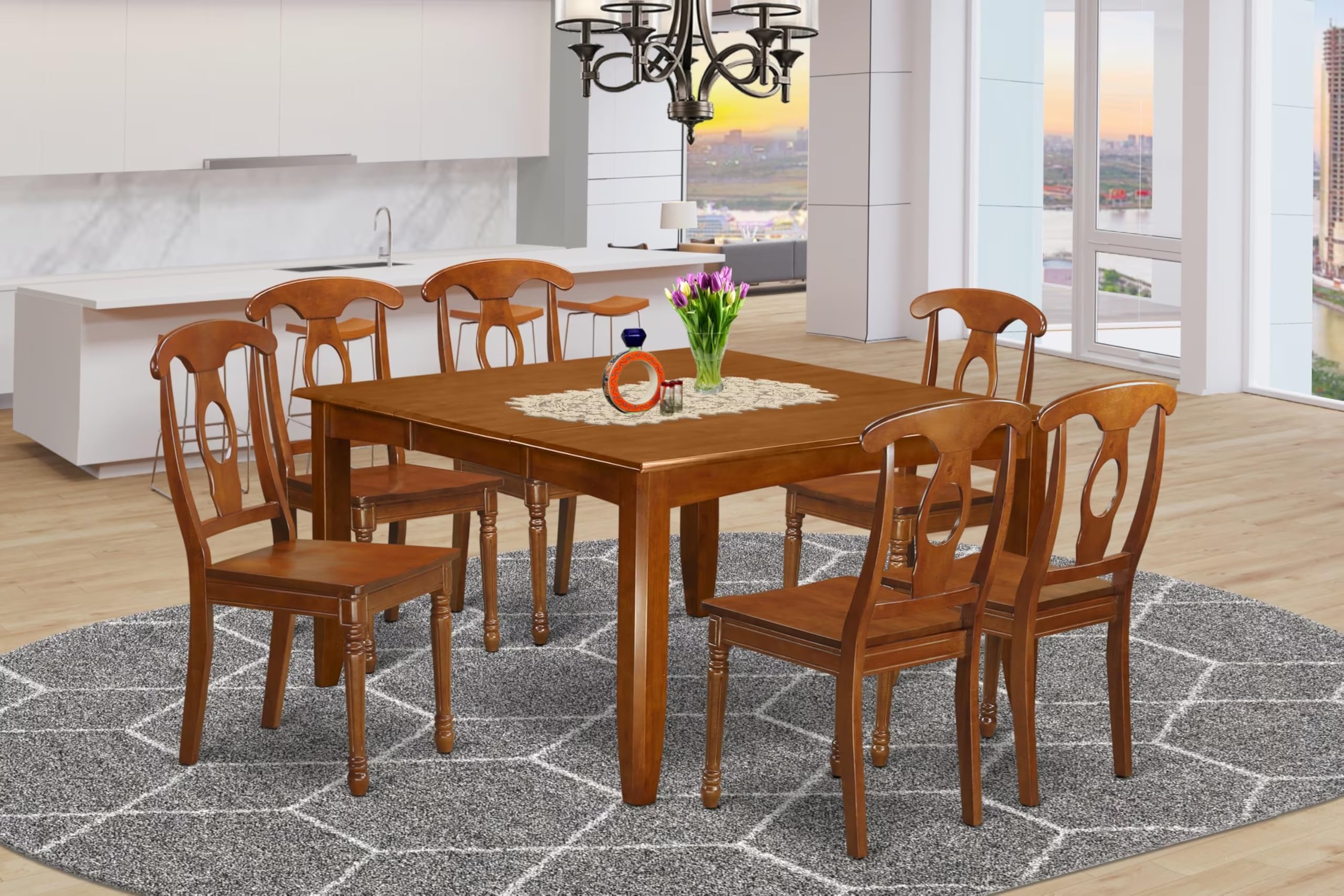 East West Furniture PFNA7-SBR-W 7 Piece Dining Table Set Consist of a Square Wooden Table with Butterfly Leaf and 6 Dining Room Chairs, 54x54 Inch, Saddle Brown