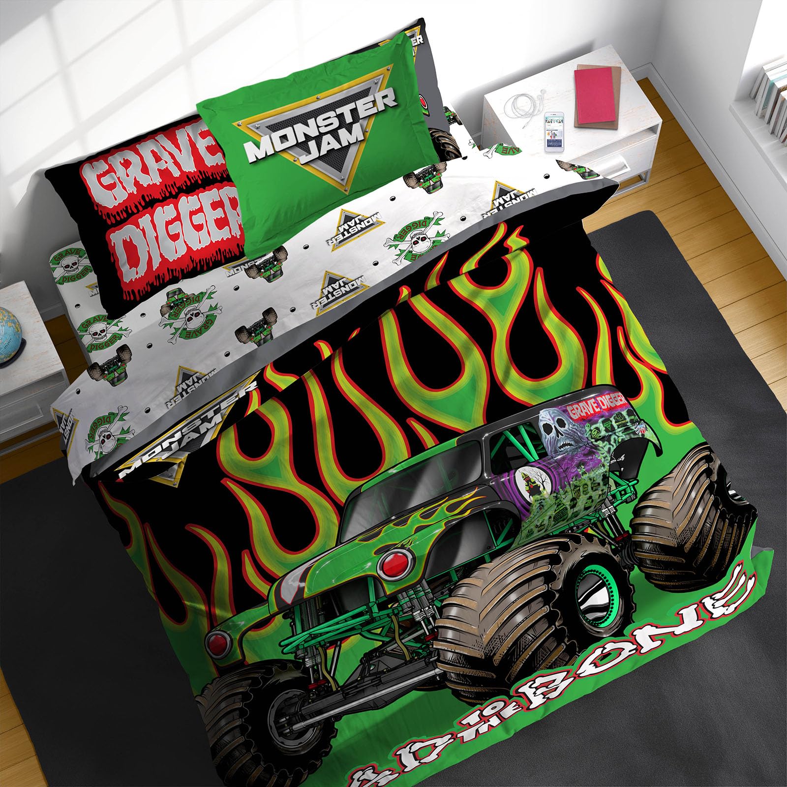 Sunny Side Up Monster Jam Full Comforter Set  7 Piece Kids Bedding includes Comforter, Sheets & Pillow Cover  Super Soft Truck