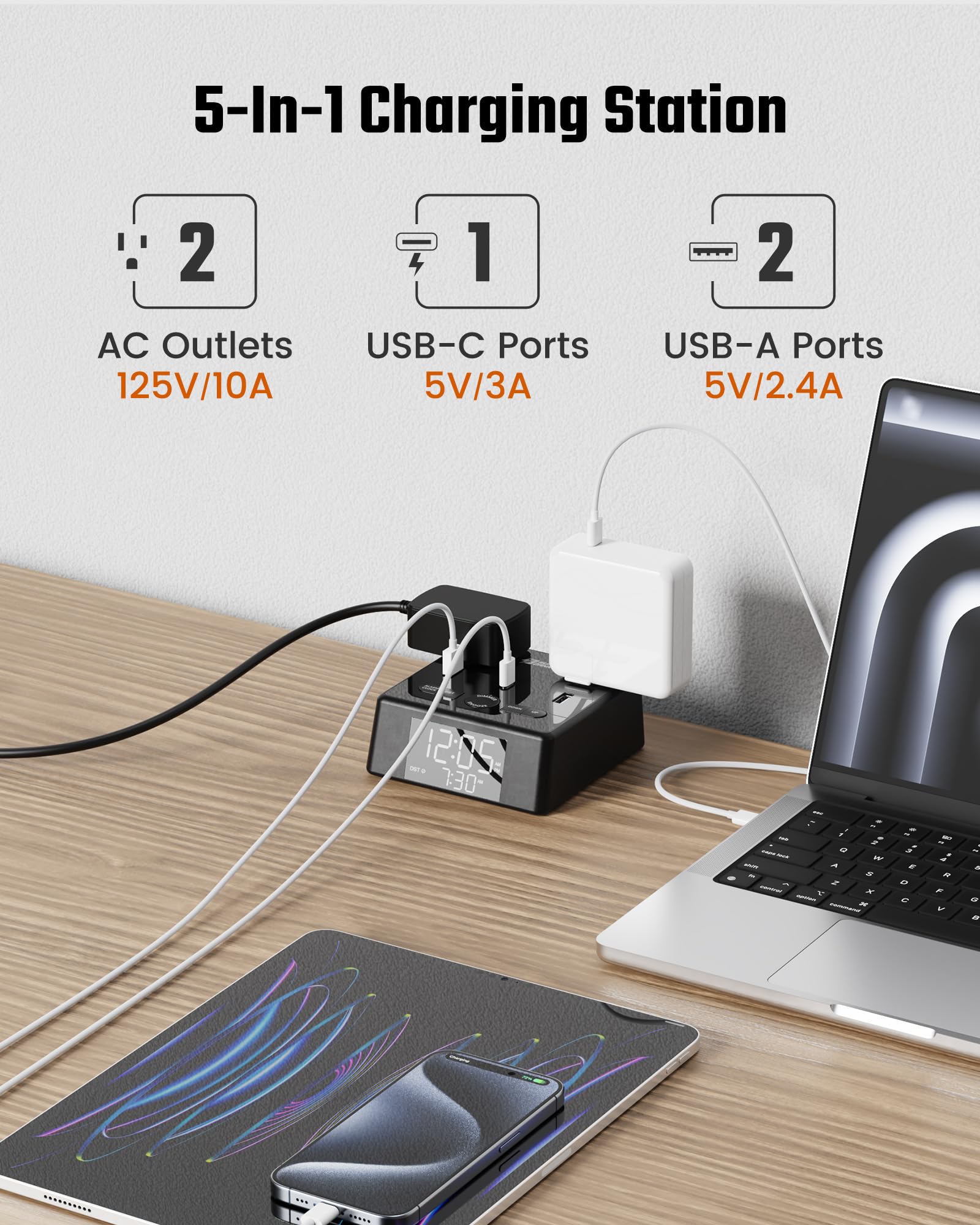 SUPERDANNY Digital Alarm Clock with 3 USB Chargers, 2 AC Outlets, LCD Display, 6.5ft Cord, Surge Protector - Black