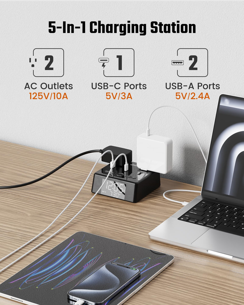 SUPERDANNY Digital Alarm Clock with 3 USB Chargers, 2 AC Outlets, LCD Display, 6.5ft Cord, Surge Protector - Black