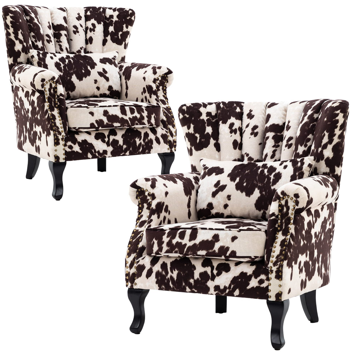 Dm Furniture Cow Print Accent Chairs Set Of 2 With Arm Comfy Velvet Living Room Chair Mid-Century Modern Wingback Side Chair Sin