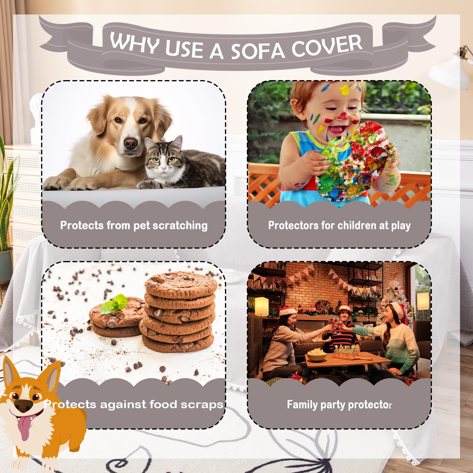 Handontime Couch Cover For Dogs Grey Sectional Couch Covers For 3 Cushion Couch Sofa Flower Lace Sofa Covers Machine Washable Easy Install Futon L Shaped Couch Cushion Covers For Cat Kids, 71' X134'