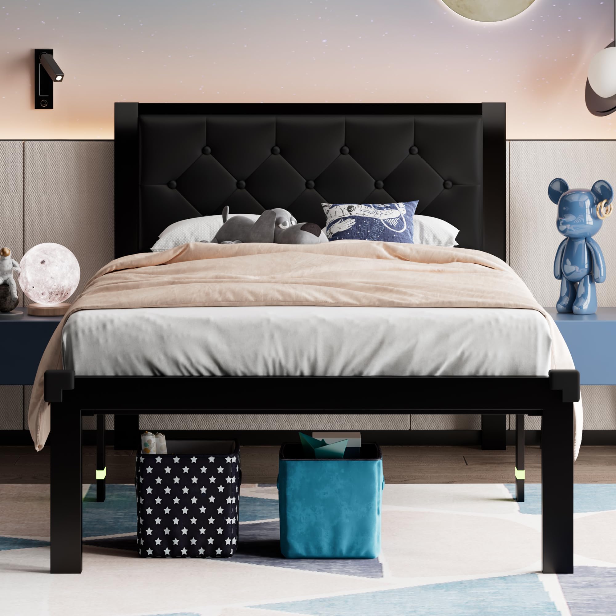 Feonase Twin Size Metal Bed Frame With Faux Leather Button Tufted Headboard, Heavy-Duty Platform Bed Frame With 12' Storage, Steel Slats Support, No Box Spring Needed, Noise Free, Black